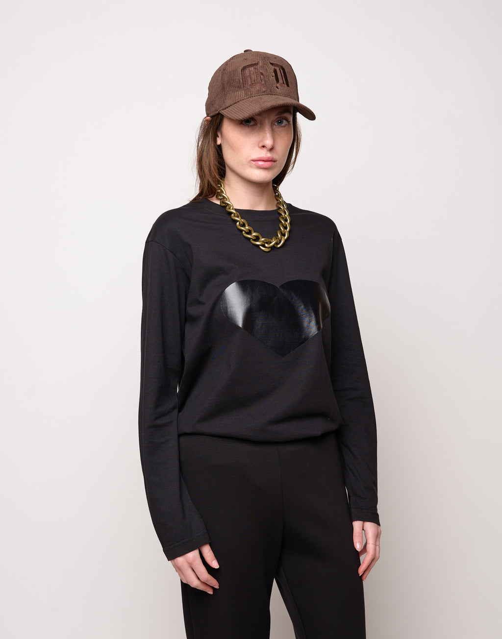 DOUUOD T-shirt manica Lunga in Jersey di Cotone Stampa "Cuore" Nero