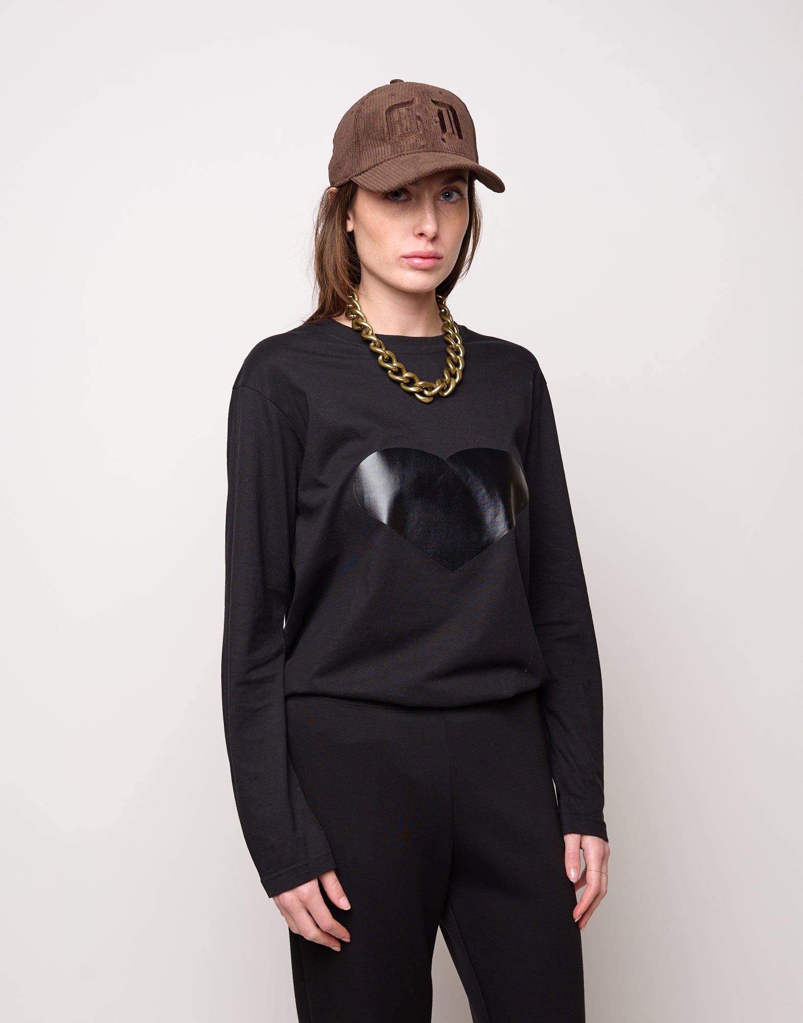 DOUUOD T-shirt manica Lunga in Jersey di Cotone Stampa "Cuore" Nero