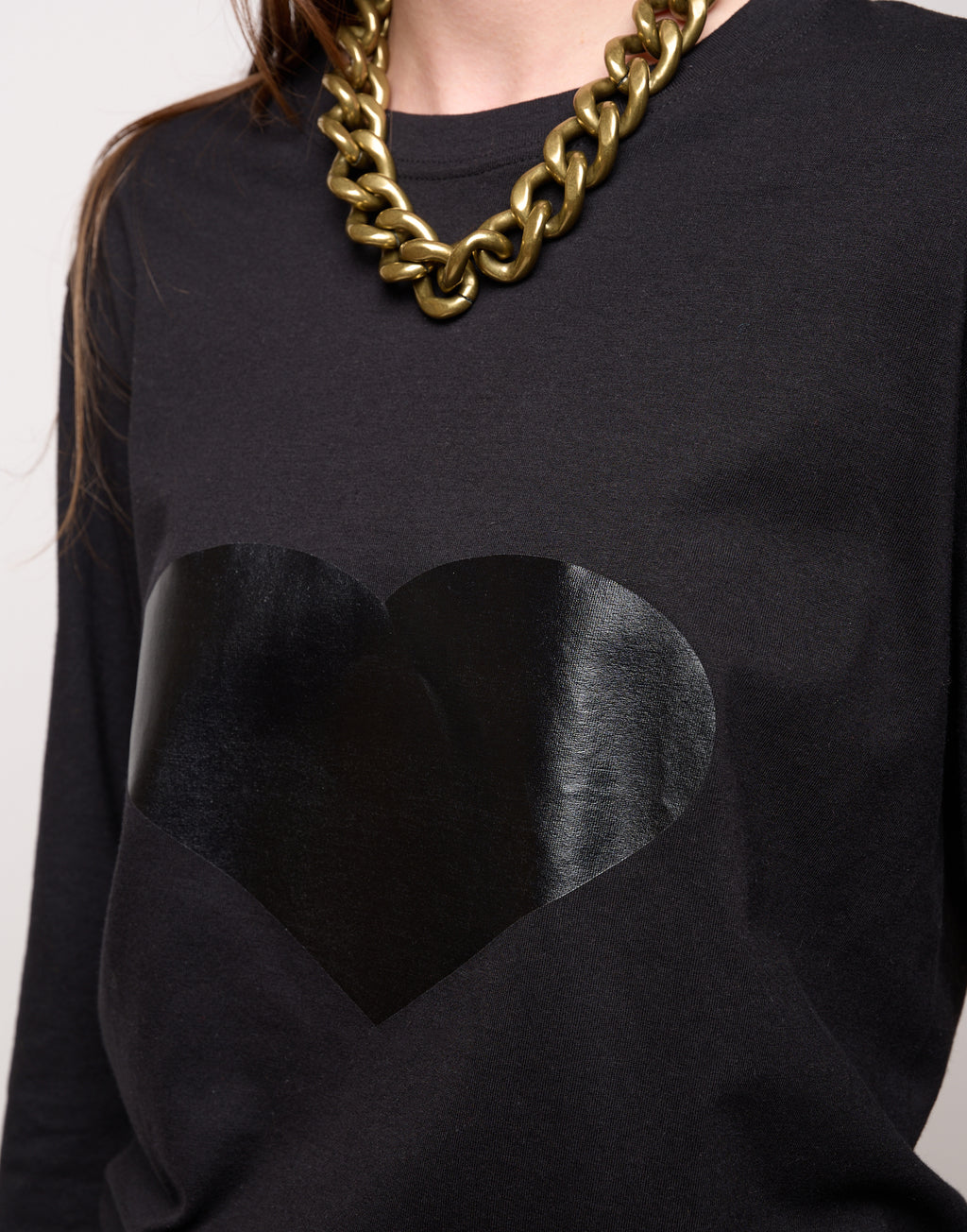 DOUUOD T-shirt manica Lunga in Jersey di Cotone Stampa "Cuore" Nero