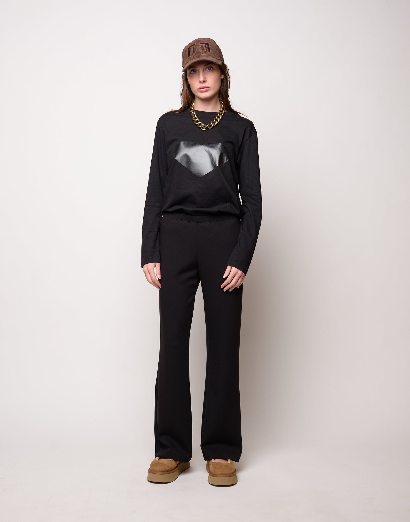 DOUUOD T-shirt manica Lunga in Jersey di Cotone Stampa "Cuore" Nero