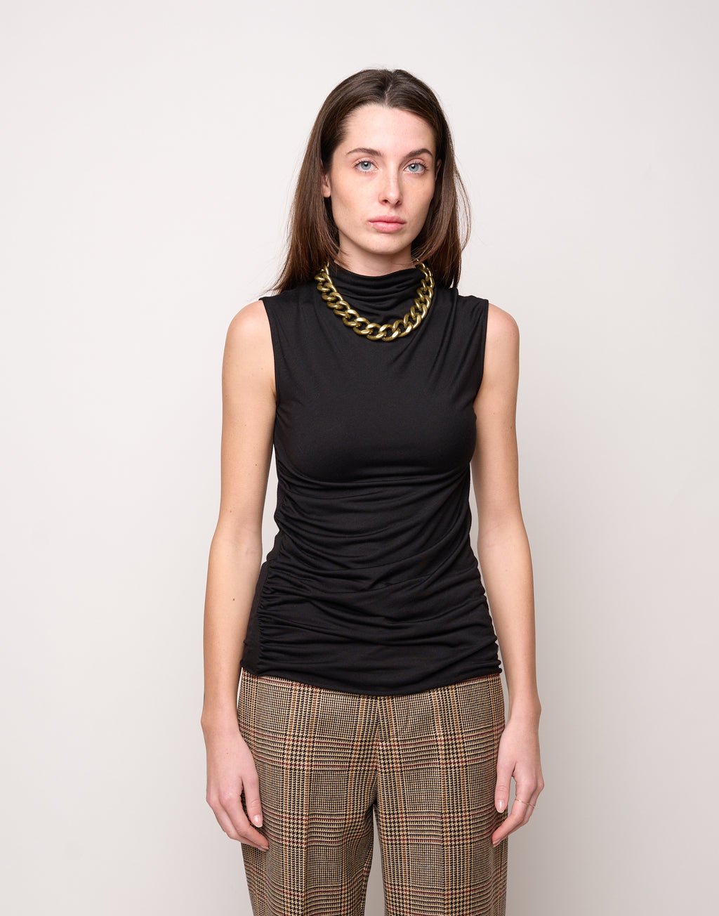 DOUUOD Top Smanicato con Drappeggio al Fianco e Collo Lupetto Nero