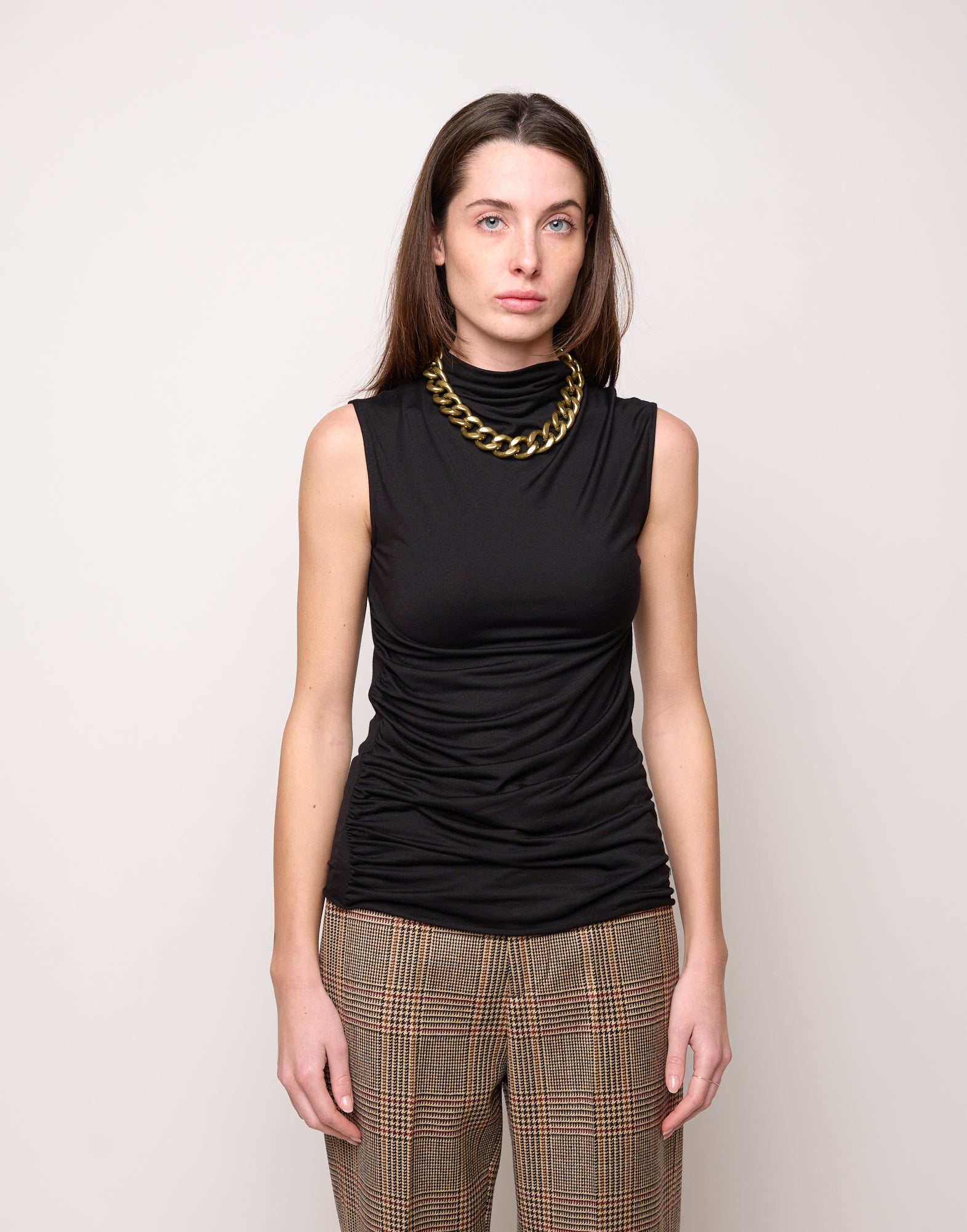DOUUOD Top Smanicato con Drappeggio al Fianco e Collo Lupetto Nero
