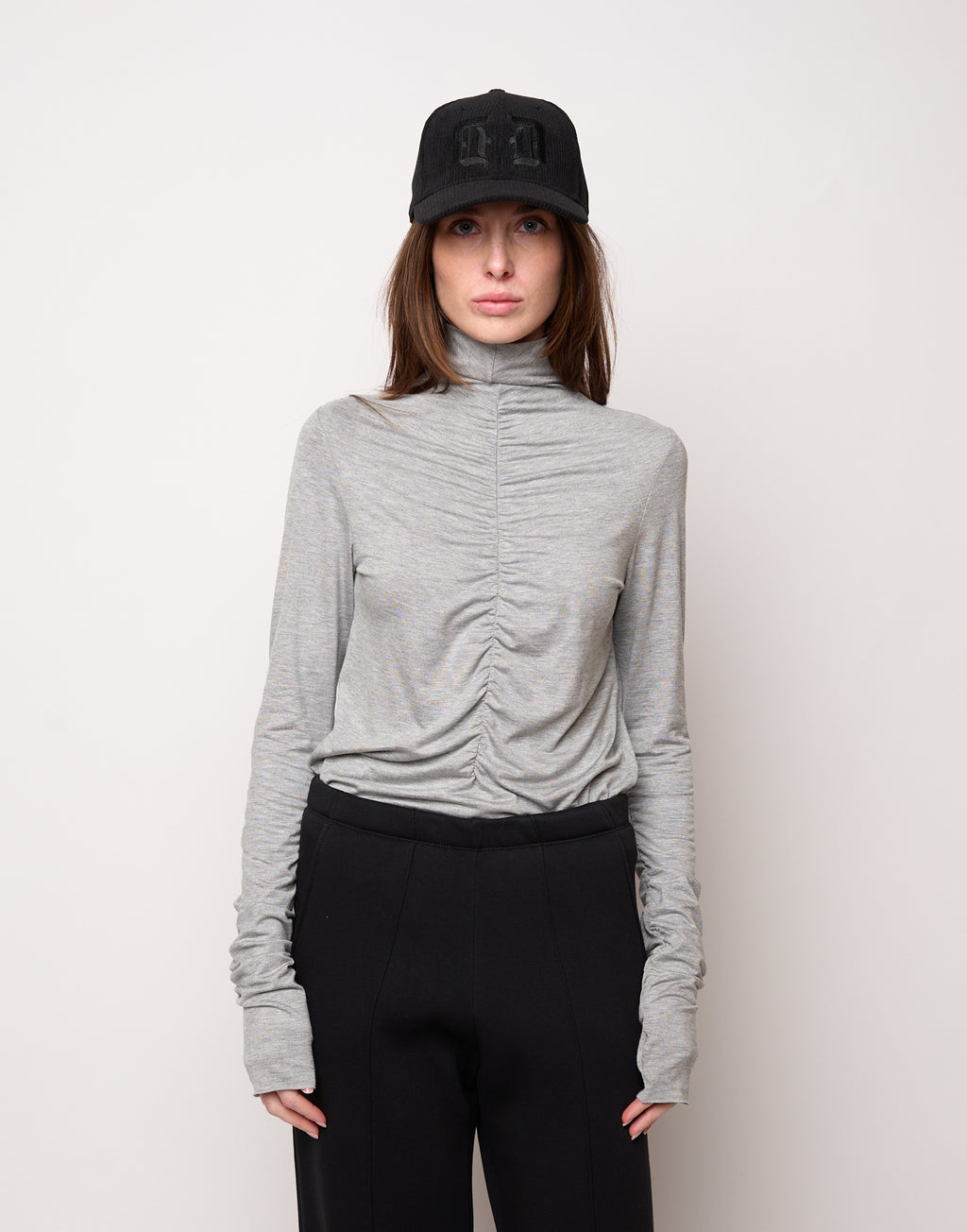 DOUUOD T-Shirt Collo Alto con Drappeggio Frontale e Maniche Lunghe Grigio Perla Melange