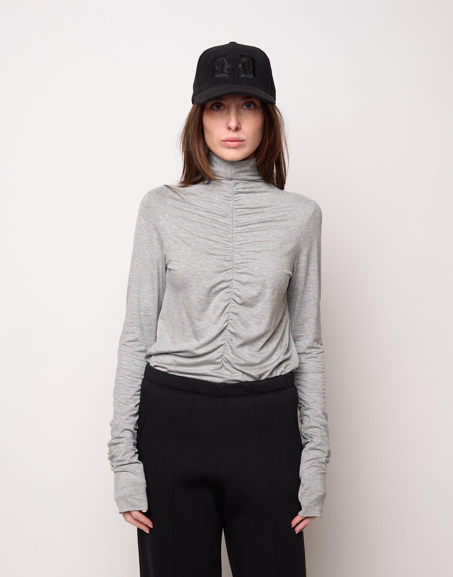 DOUUOD T-Shirt Collo Alto con Drappeggio Frontale e Maniche Lunghe Grigio Perla Melange