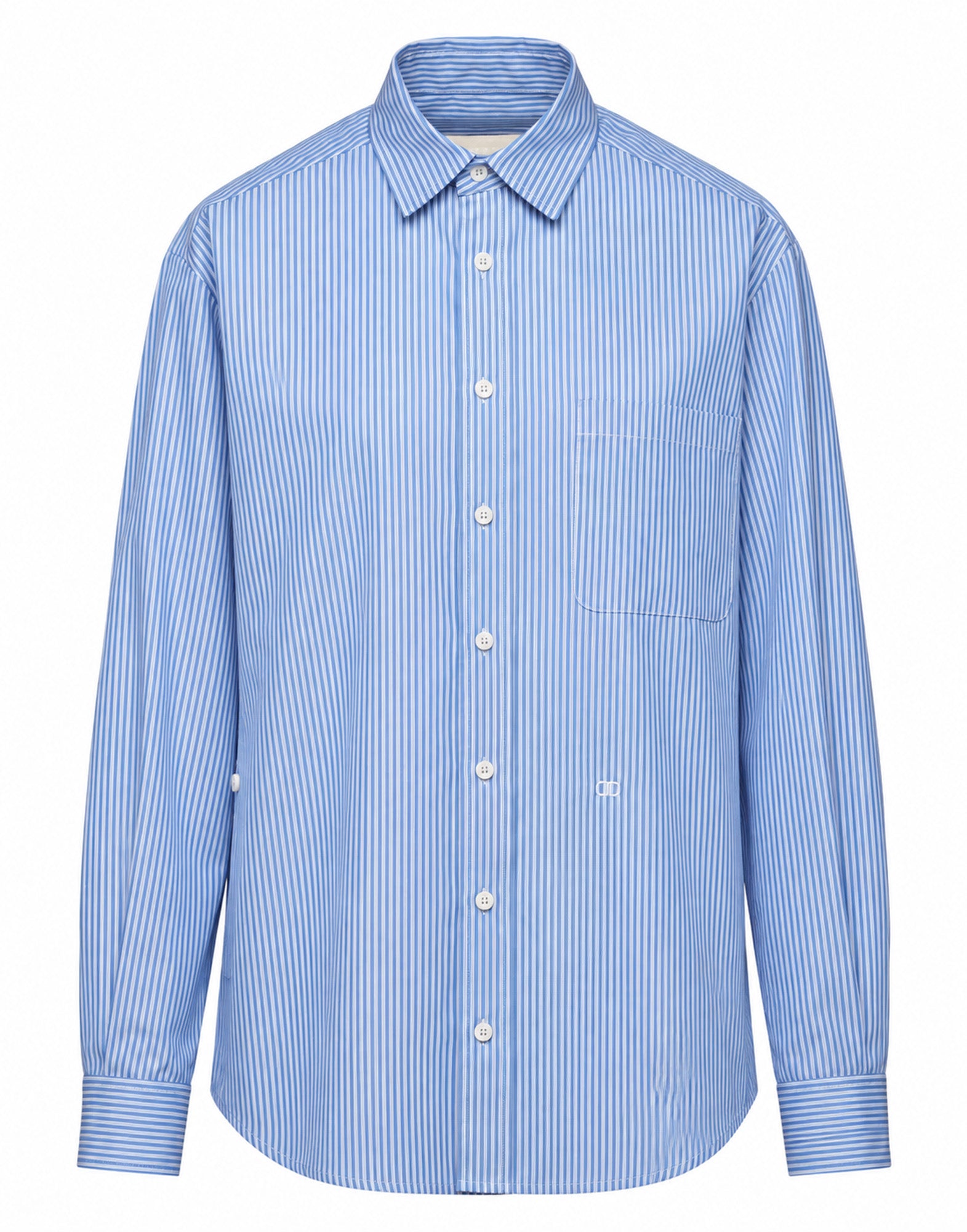 DOUUOD Camicia Genderless con Ricamo e Bottone Laterale a Righe Bianco/Azzurro