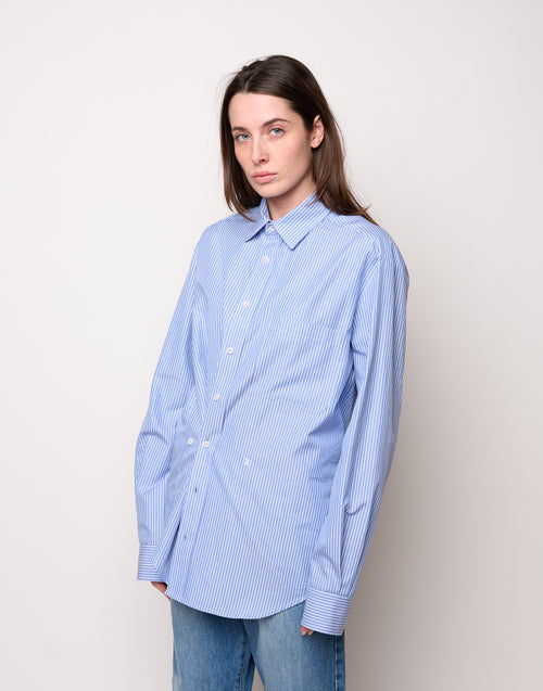 DOUUOD Chemise unisexe rayée bleu/blanc avec broderie et bouton latéral