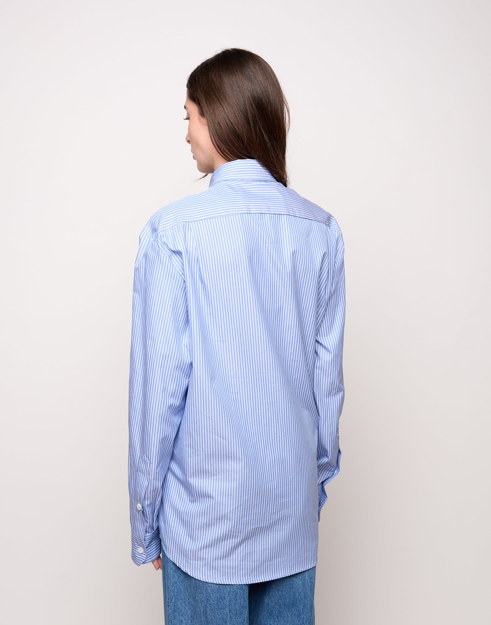 DOUUOD Camicia Genderless con Ricamo e Bottone Laterale a Righe Bianco/Azzurro