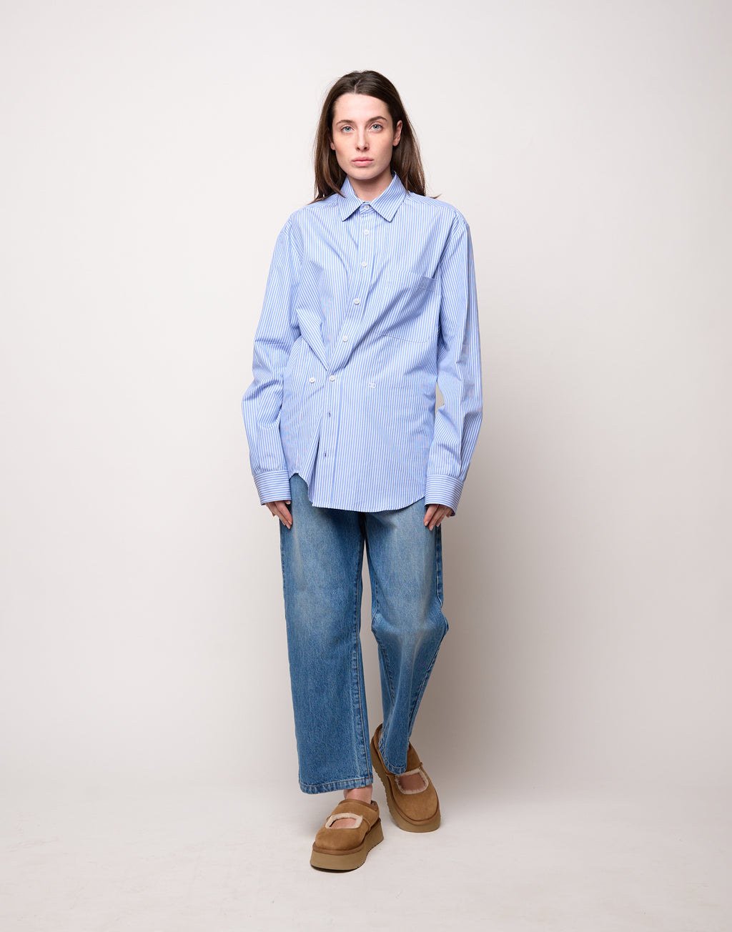 DOUUOD Camicia Genderless con Ricamo e Bottone Laterale a Righe Bianco/Azzurro