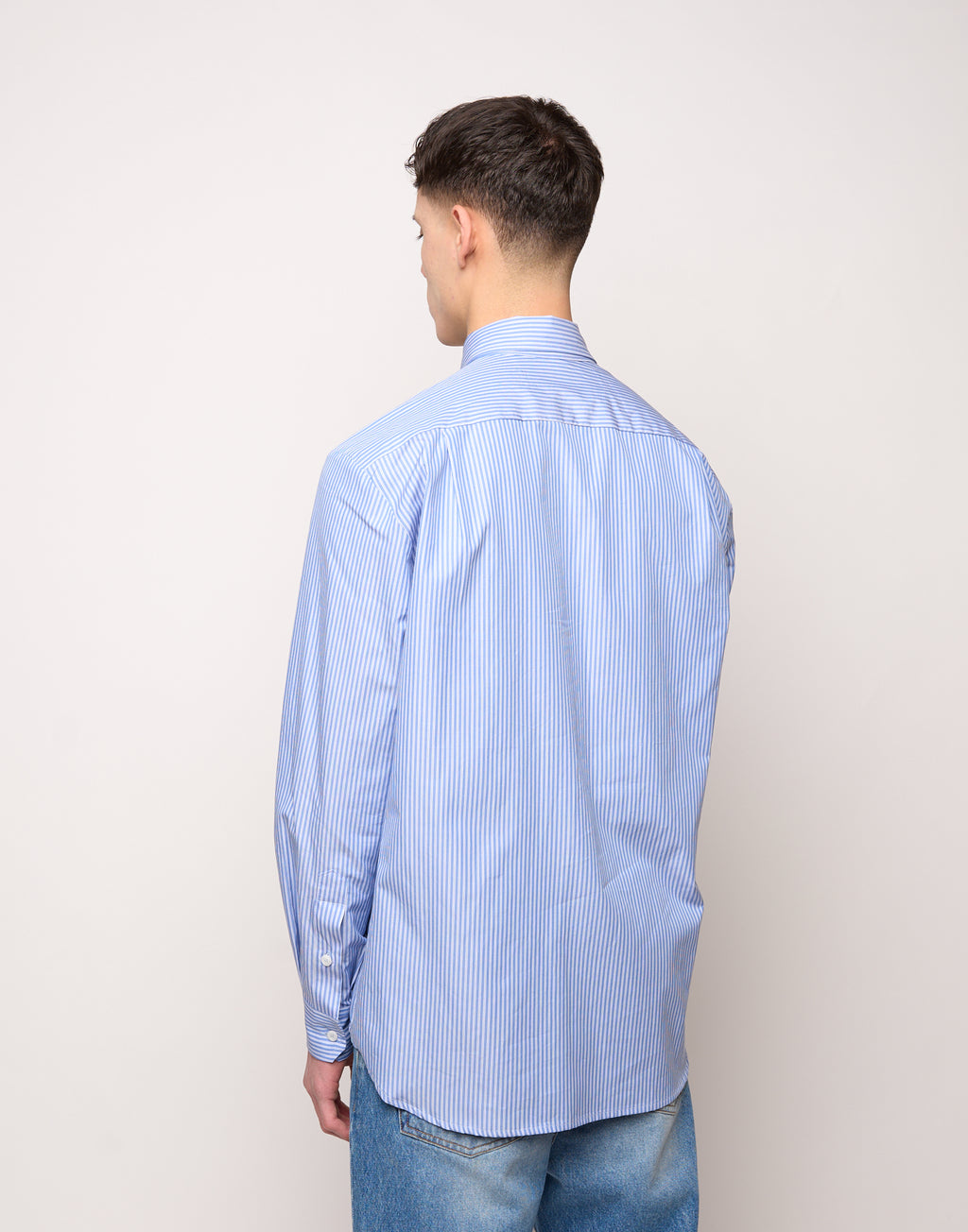 DOUUOD Camicia Genderless con Ricamo e Bottone Laterale a Righe Bianco/Azzurro