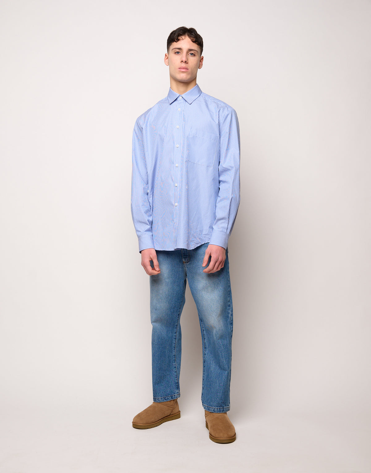 DOUUOD Camicia Genderless con Ricamo e Bottone Laterale a Righe Bianco/Azzurro