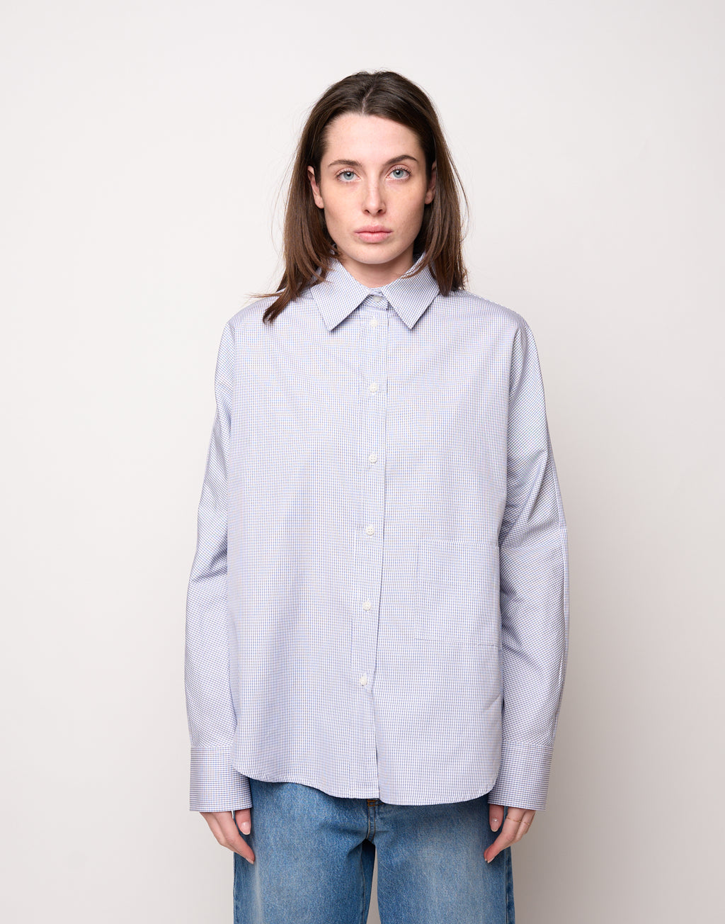 DOUUOD Camicia Taglio Kimono con Tasca a Quadretti Bianco/Blu