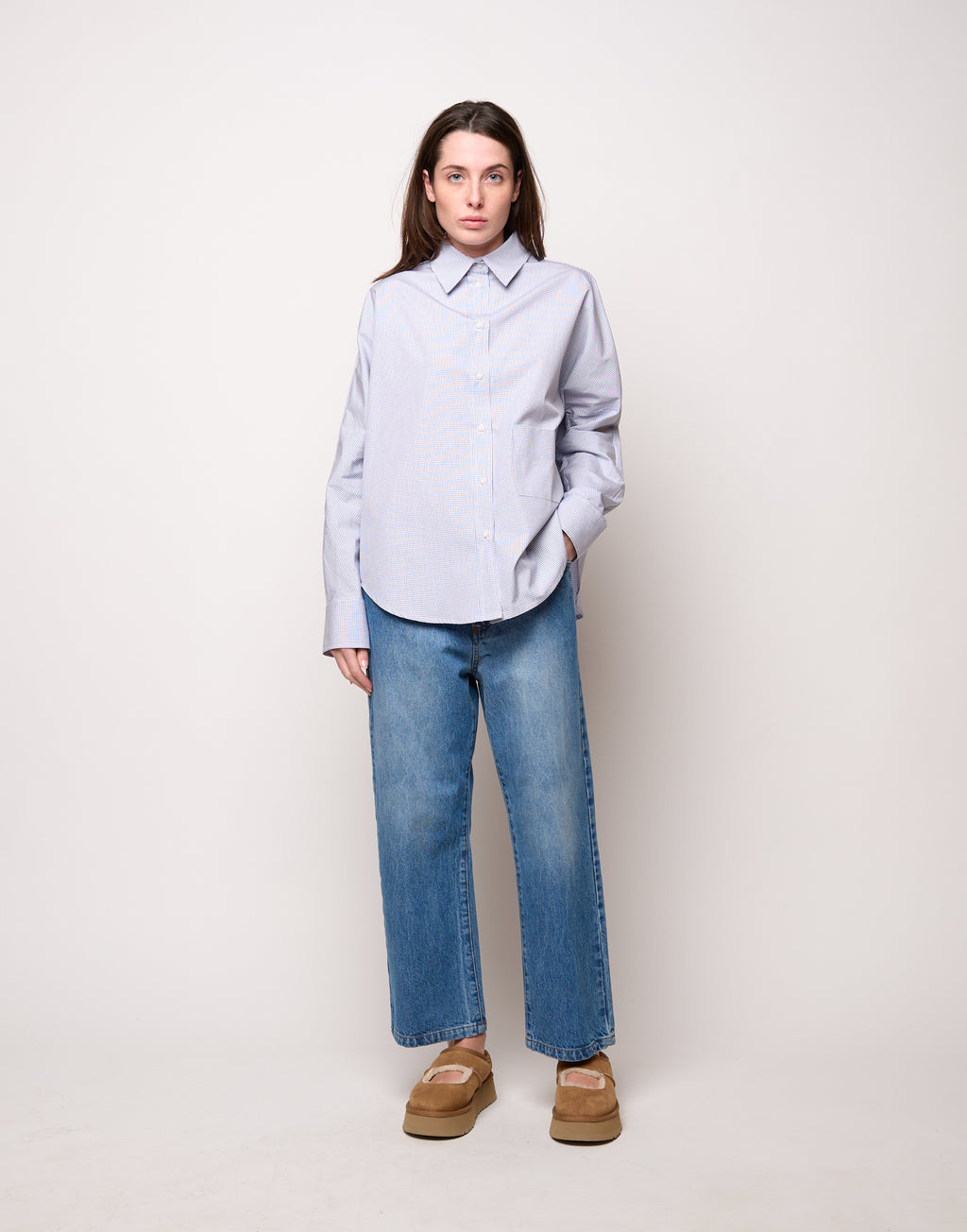 DOUUOD Camicia Taglio Kimono con Tasca a Quadretti Bianco/Blu