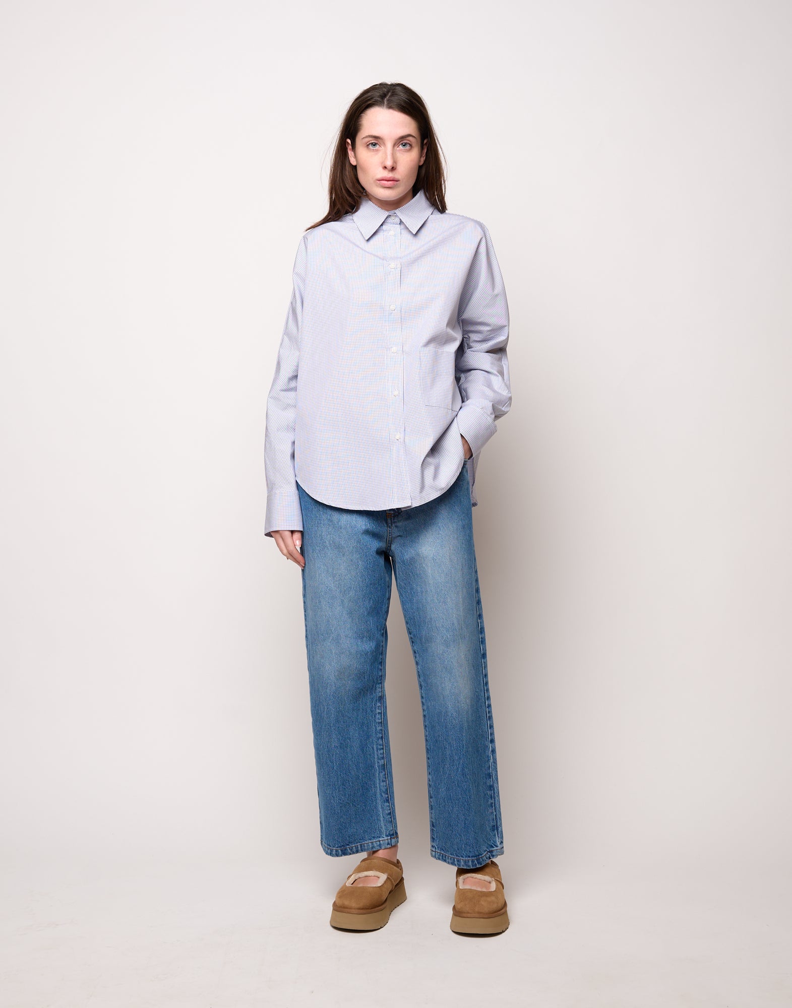 DOUUOD Camicia Taglio Kimono con Tasca a Quadretti Bianco/Blu