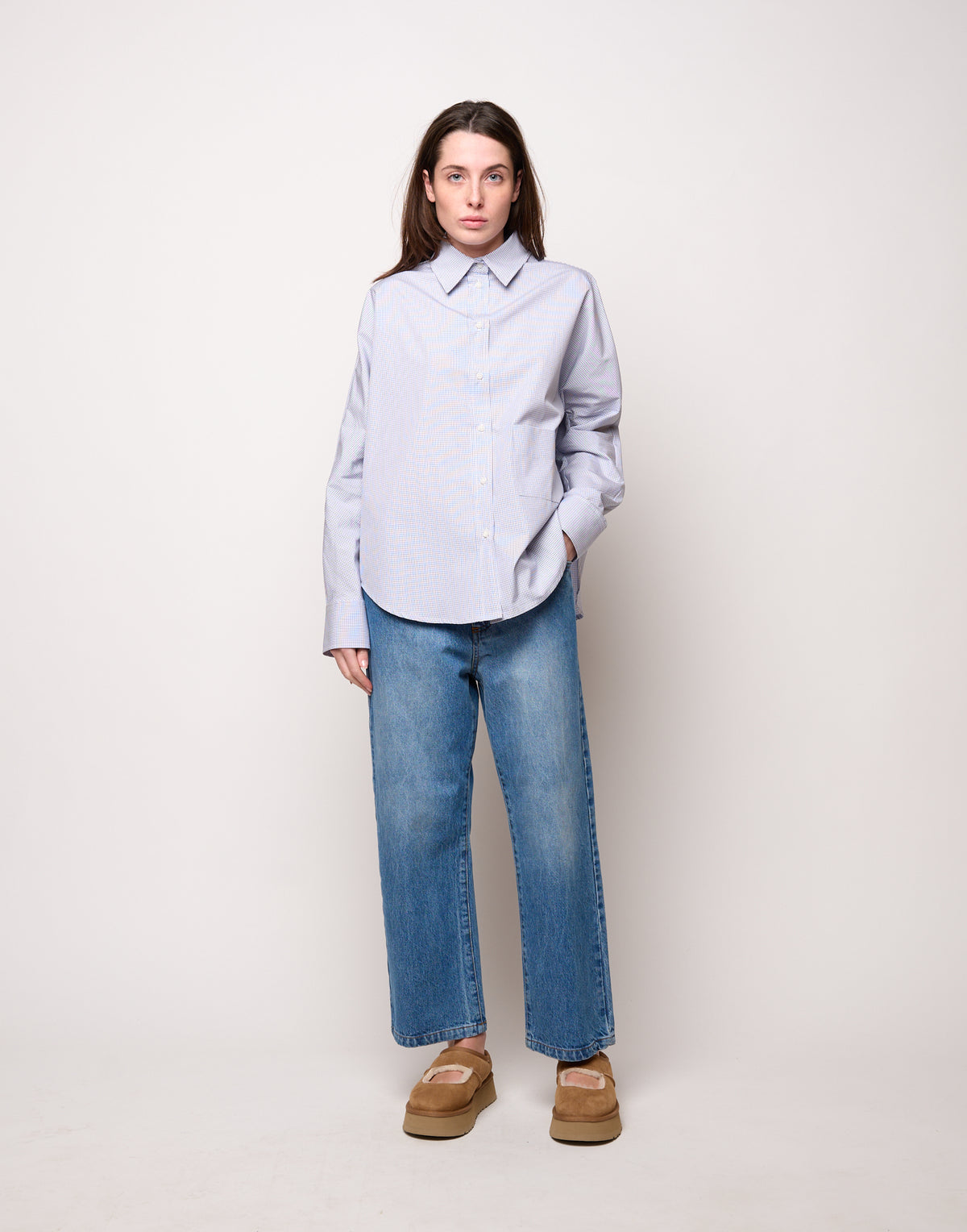 DOUUOD Camicia Taglio Kimono con Tasca a Quadretti Bianco/Blu