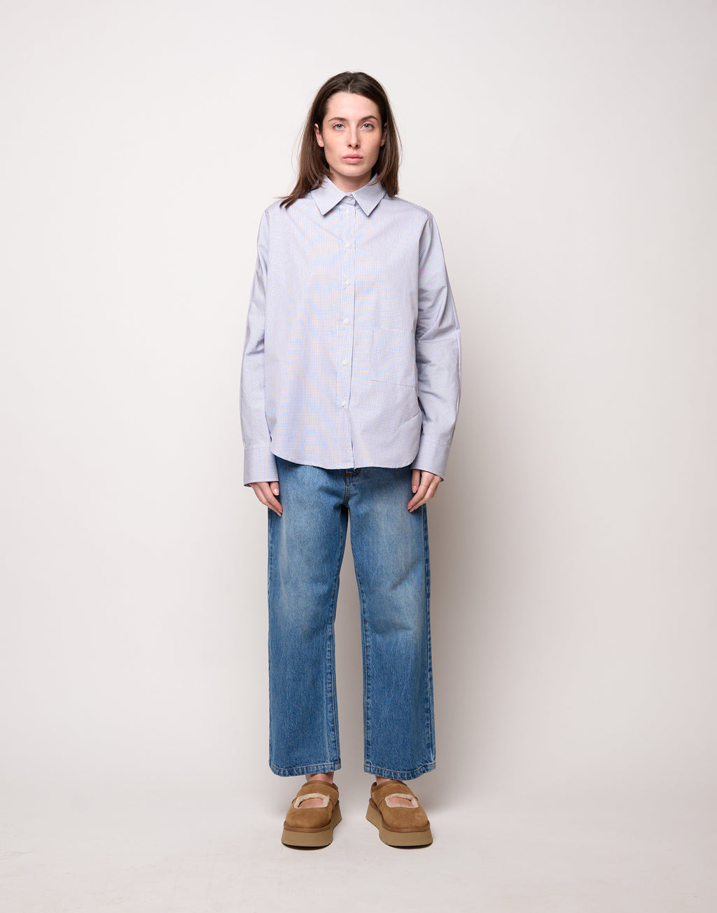 DOUUOD Camicia Taglio Kimono con Tasca a Quadretti Bianco/Blu