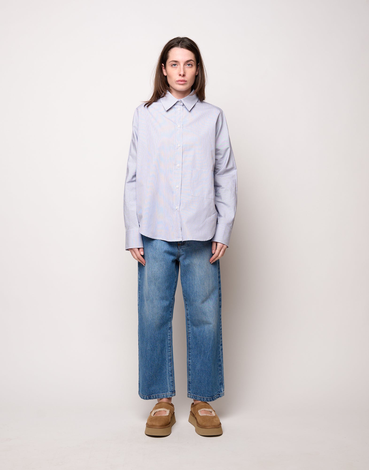 DOUUOD Camicia Taglio Kimono con Tasca a Quadretti Bianco/Blu