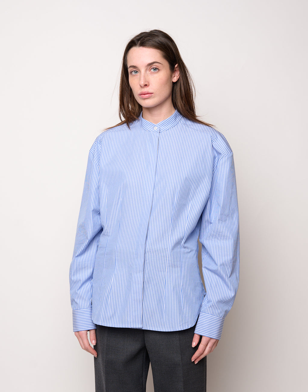 DOUUOD Camicia in Popeline di Cotone a Righe Bianco/Azzurro