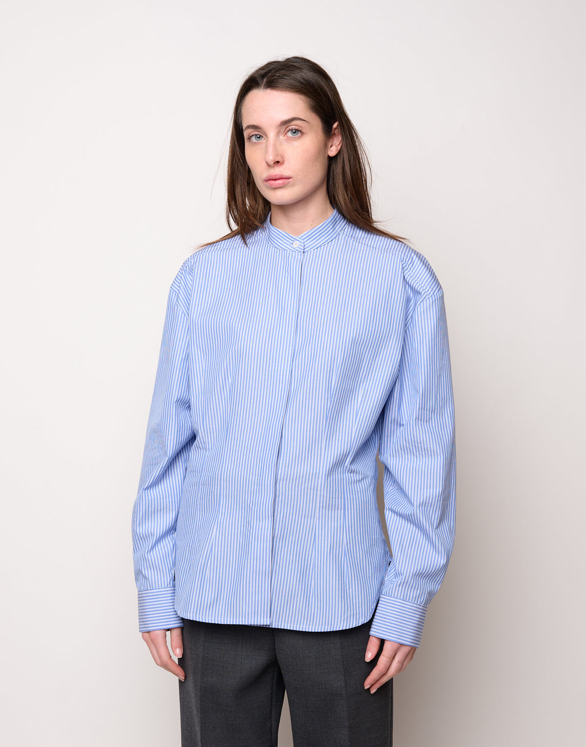 DOUUOD Camicia in Popeline di Cotone a Righe Bianco/Azzurro