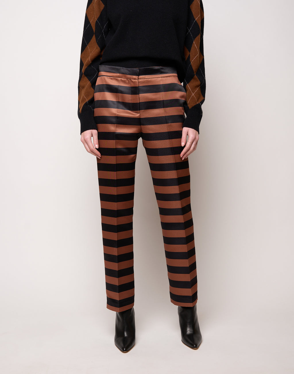 DOUUOD Pantalone Maschile a Sigaretta in Duchesse a Righe Nero/Whisky