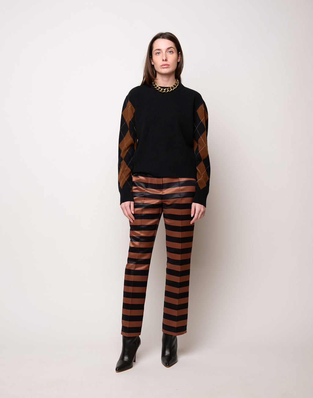 DOUUOD Pantalone Maschile a Sigaretta in Duchesse a Righe Nero/Whisky