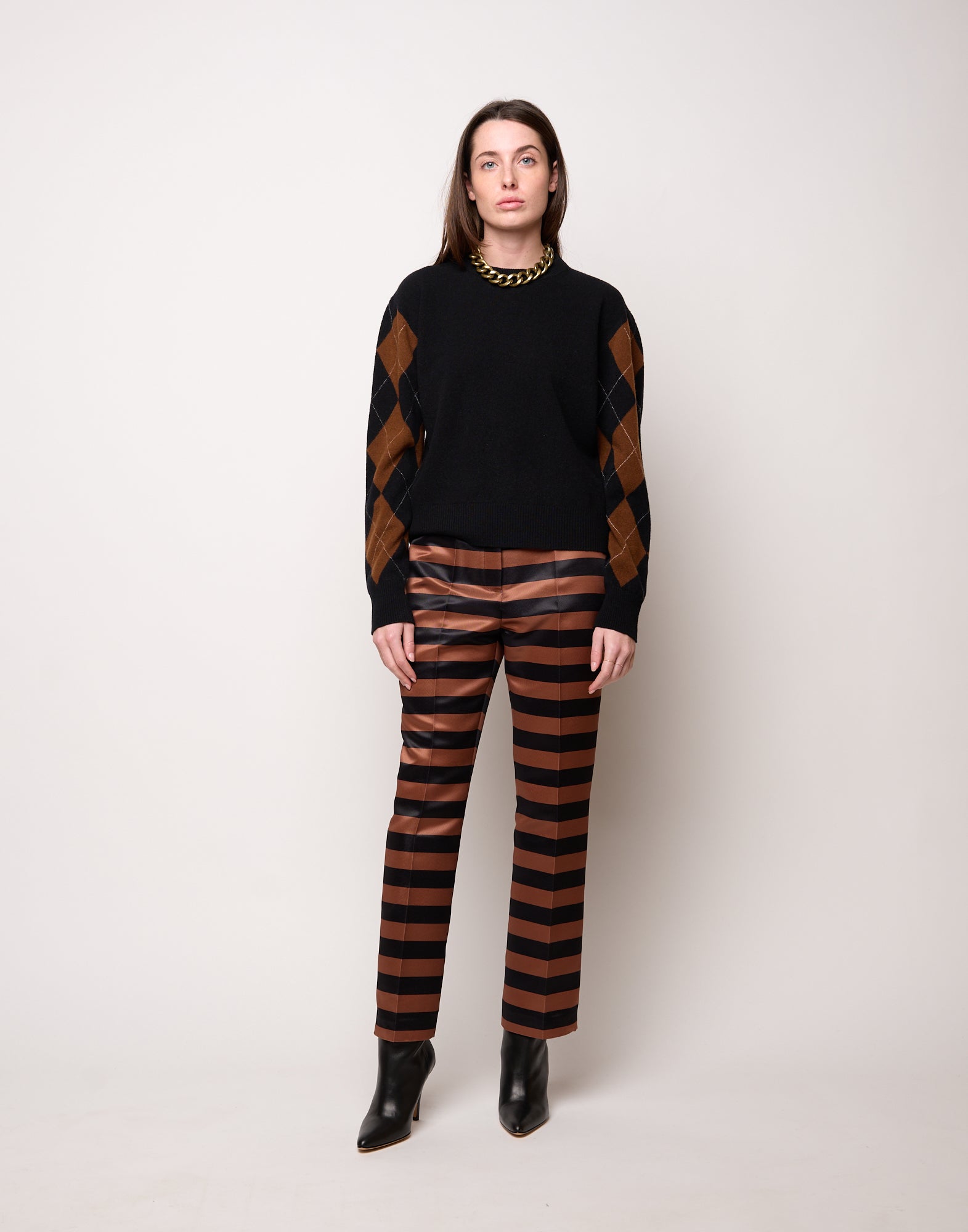 DOUUOD Pantalone Maschile a Sigaretta in Duchesse a Righe Nero/Whisky