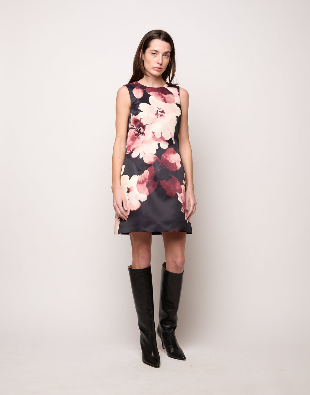 DOUUOD Mini Abito Aderente con Schiena Nuda e Fiocco in Duchesse Floreale