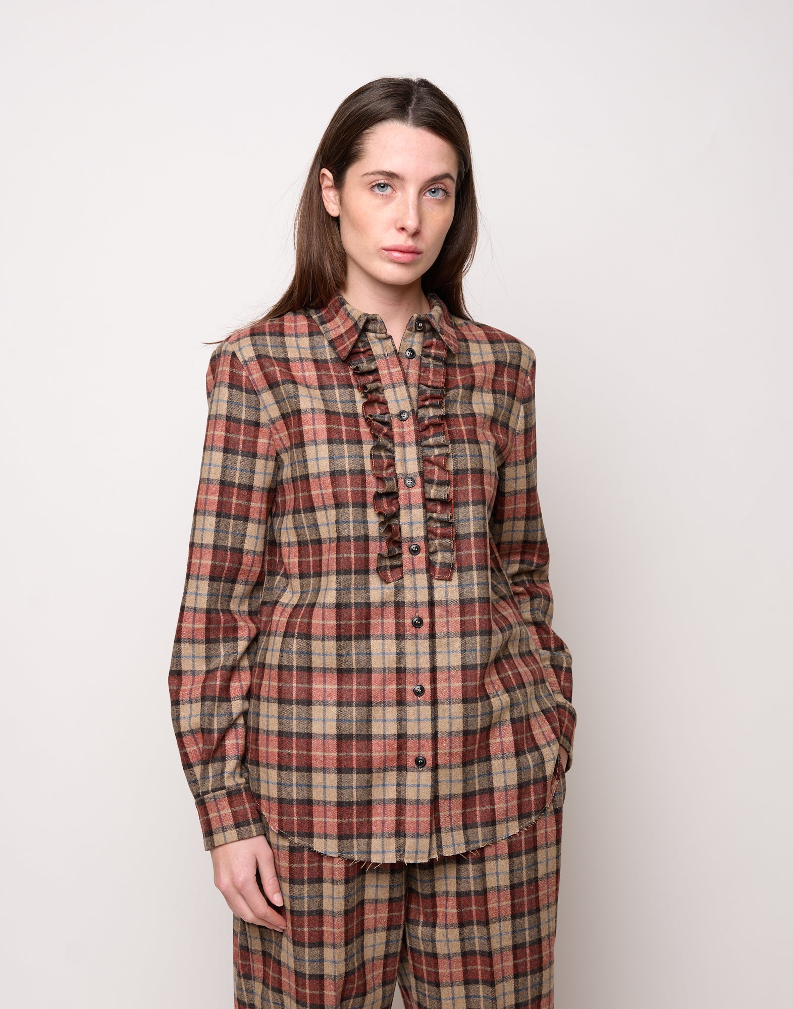 DOUUOD Camicia con Collo Chiuso e Rouches a Taglio Vivo Rust