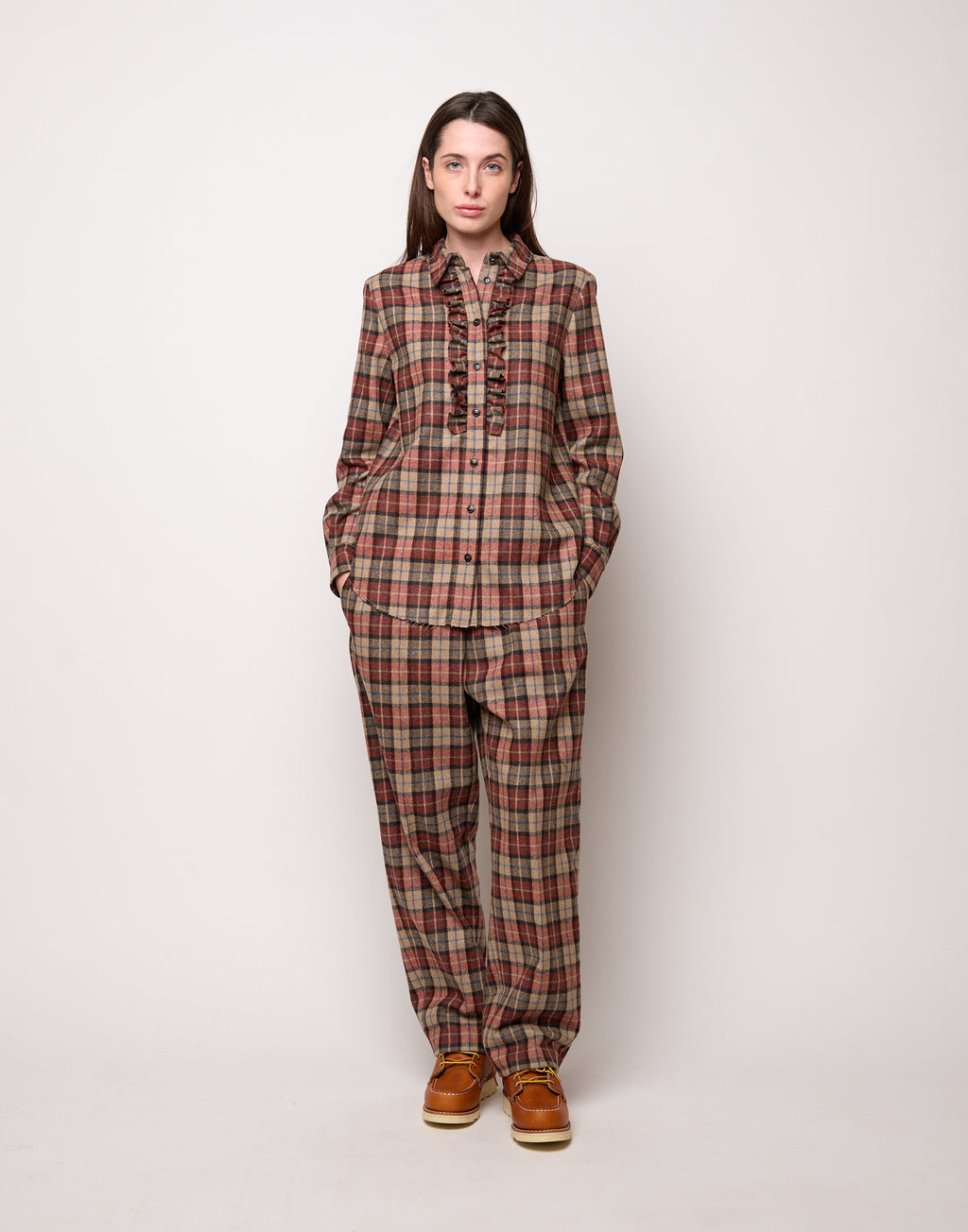 DOUUOD Camicia con Collo Chiuso e Rouches a Taglio Vivo Rust