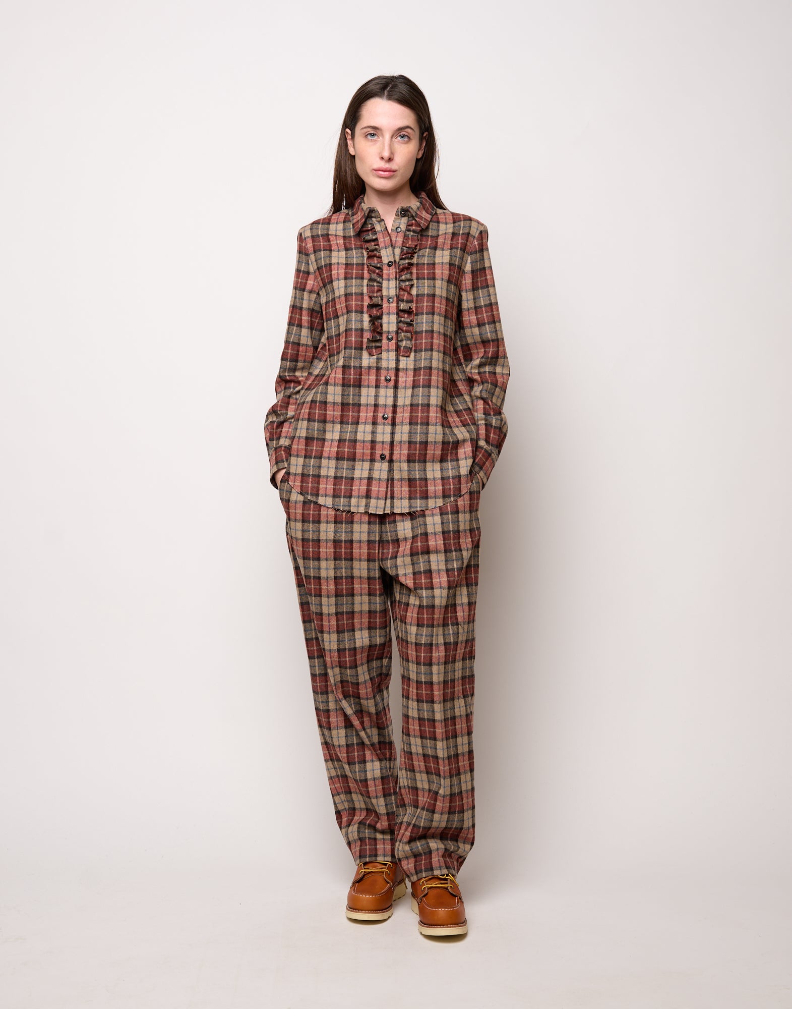 DOUUOD Camicia con Collo Chiuso e Rouches a Taglio Vivo Rust