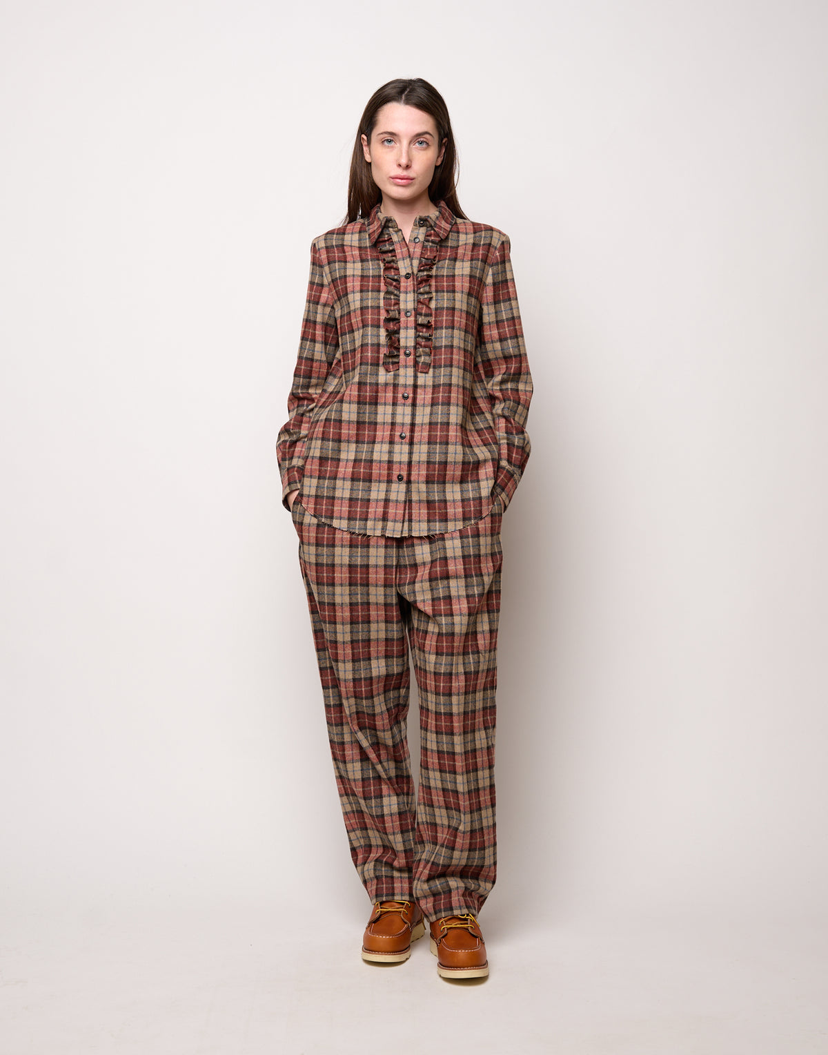DOUUOD Camicia con Collo Chiuso e Rouches a Taglio Vivo Rust