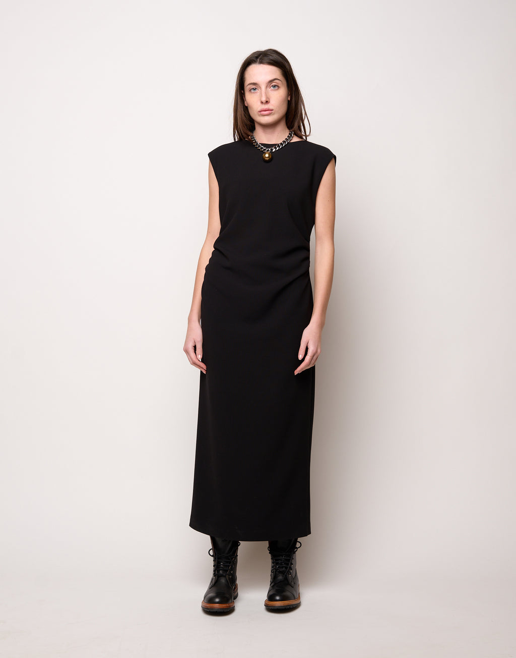 DOUUOD Abito Smanicato con Drappeggio in Doppio Crepe Stretch Nero