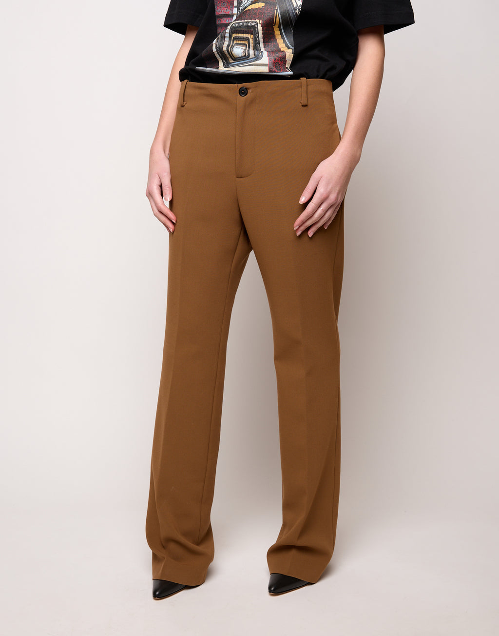 DOUUOD Pantalone Flair in Doppio Crepe Stretch Cannella