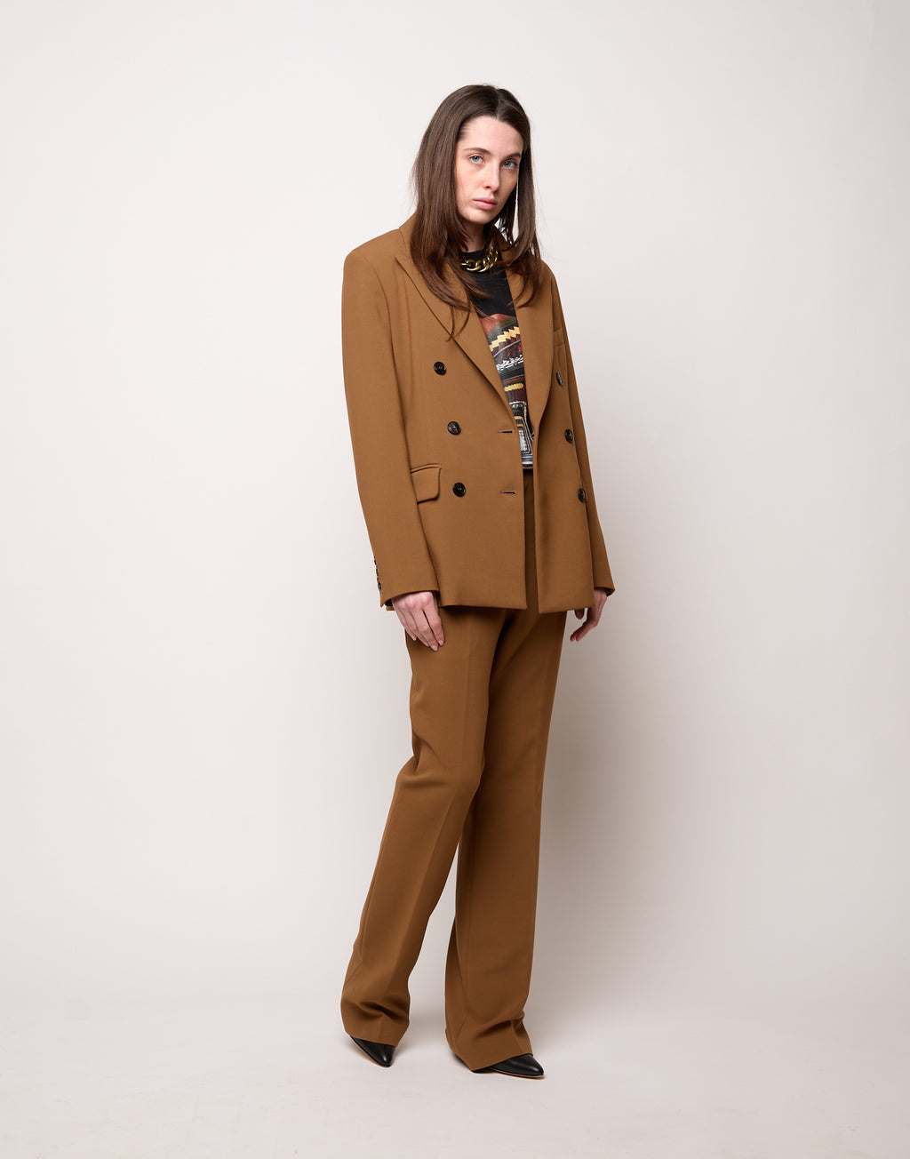 DOUUOD Pantalone Flair in Doppio Crepe Stretch Cannella