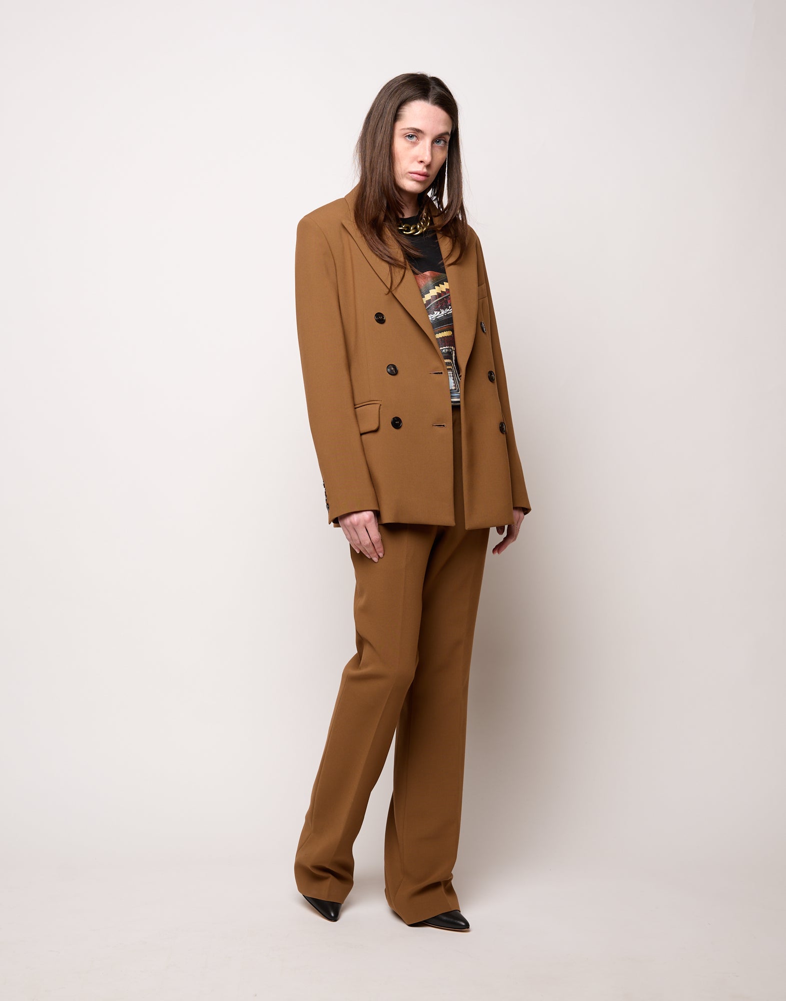 DOUUOD Pantalone Flair in Doppio Crepe Stretch Cannella