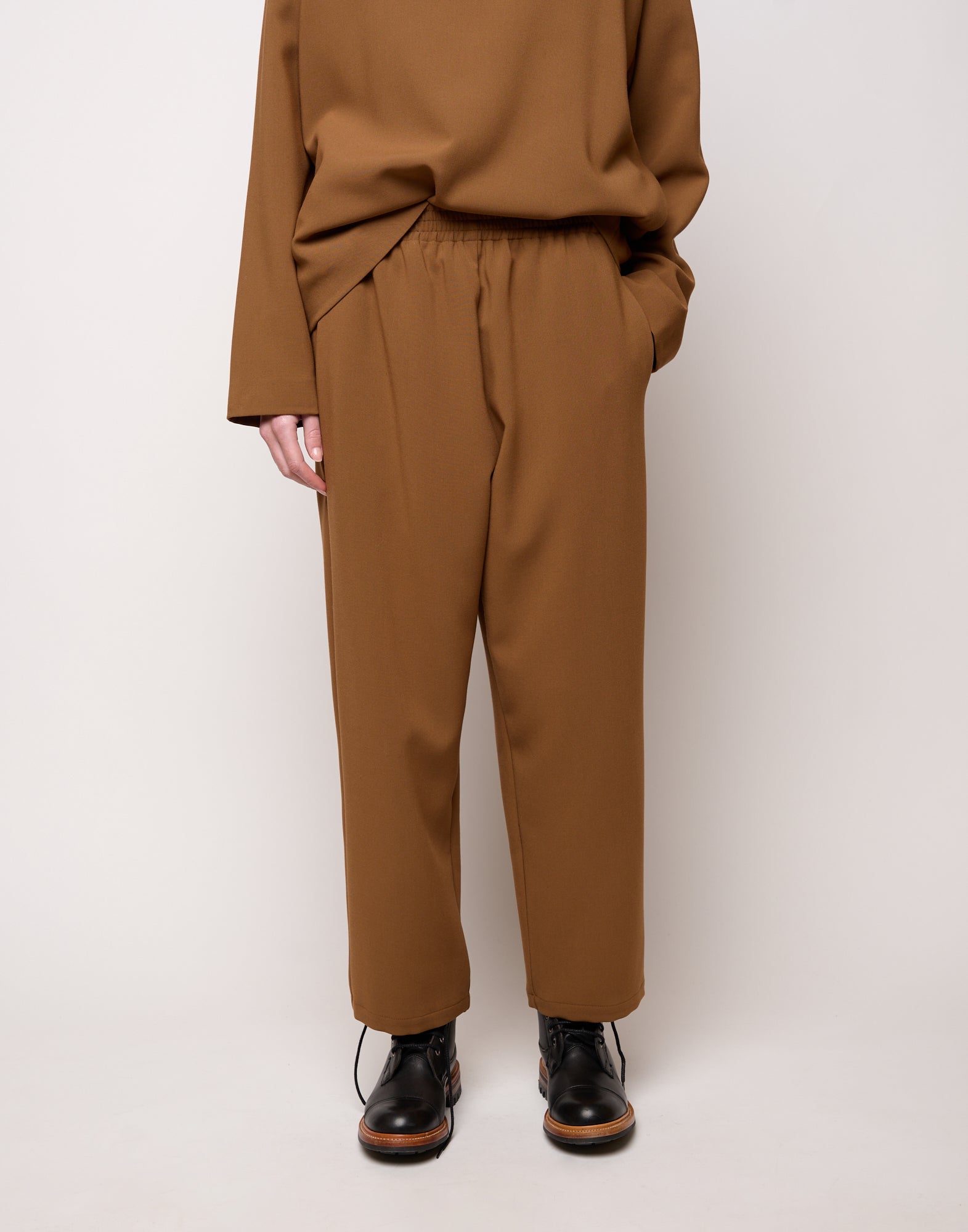 DOUUOD Pantalone con Elastico In Vita in Doppio Crepe Stretch Cannella