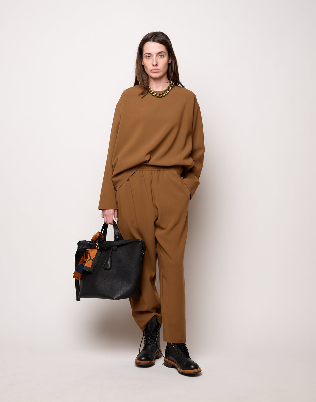 DOUUOD Pantalone con Elastico In Vita in Doppio Crepe Stretch Cannella