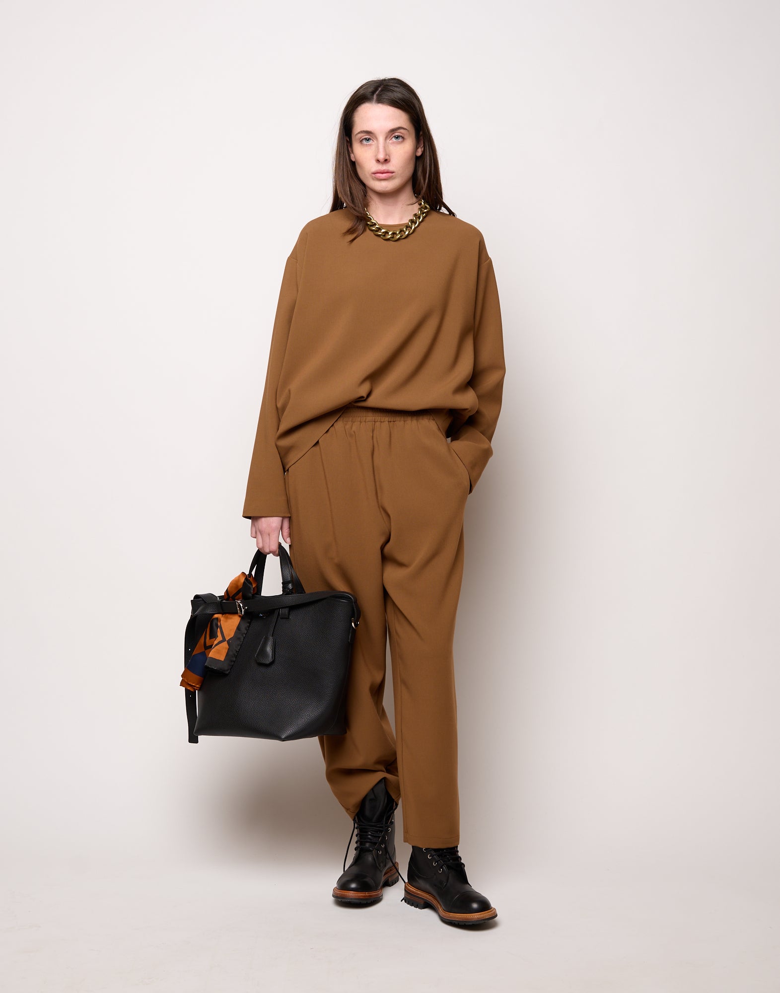 DOUUOD Pantalone con Elastico In Vita in Doppio Crepe Stretch Cannella