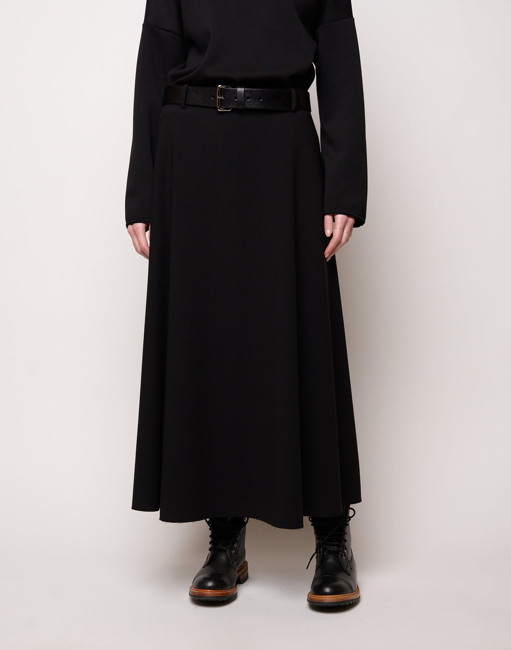 DOUUOD Gonna Midi Svasata con Pieghe in Doppio Crepe Stretch Nero