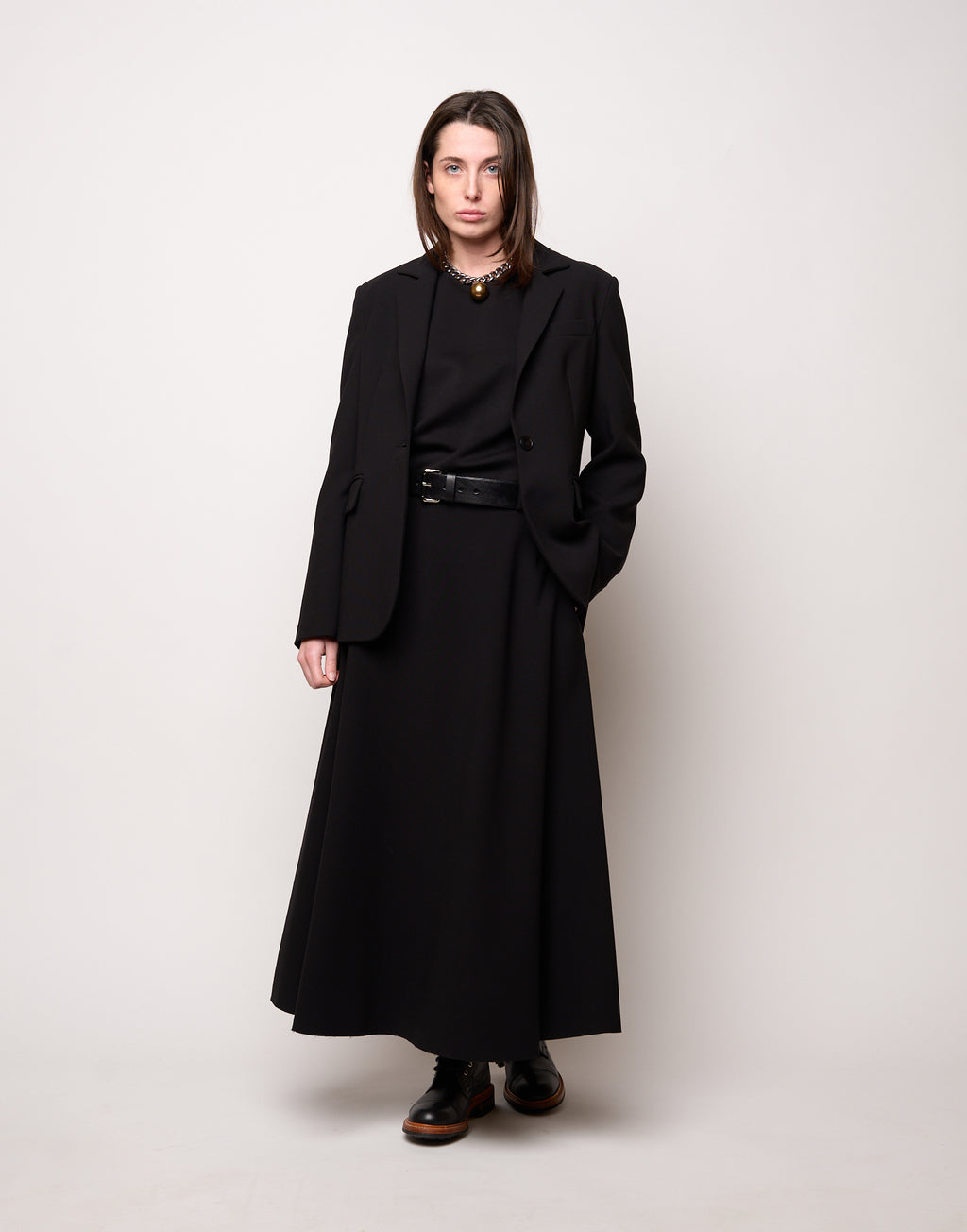 DOUUOD Gonna Midi Svasata con Pieghe in Doppio Crepe Stretch Nero