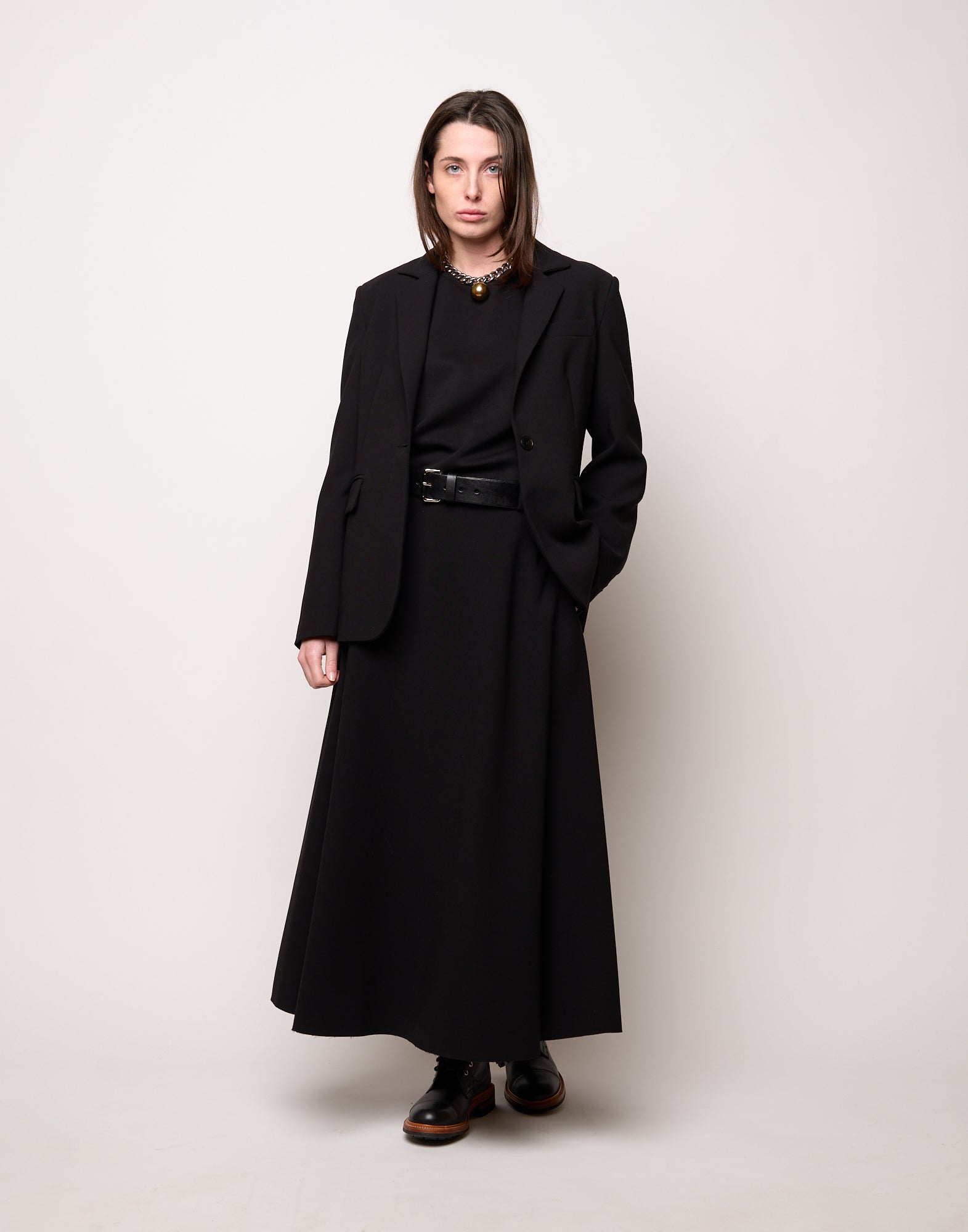 DOUUOD Gonna Midi Svasata con Pieghe in Doppio Crepe Stretch Nero