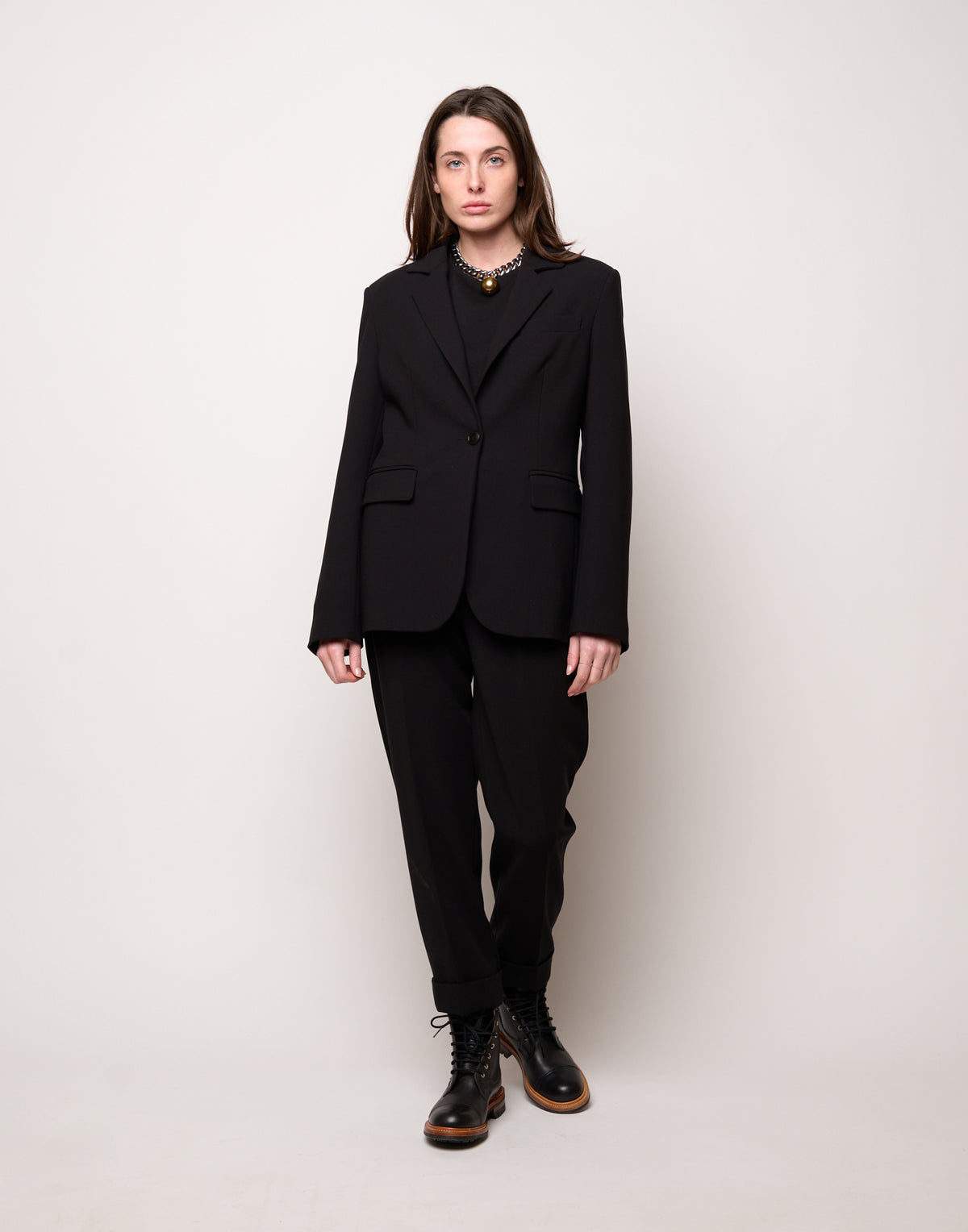 DOUUOD Pantalone a Sigaretta con Risvolto in Doppio Crepe Stretch Nero