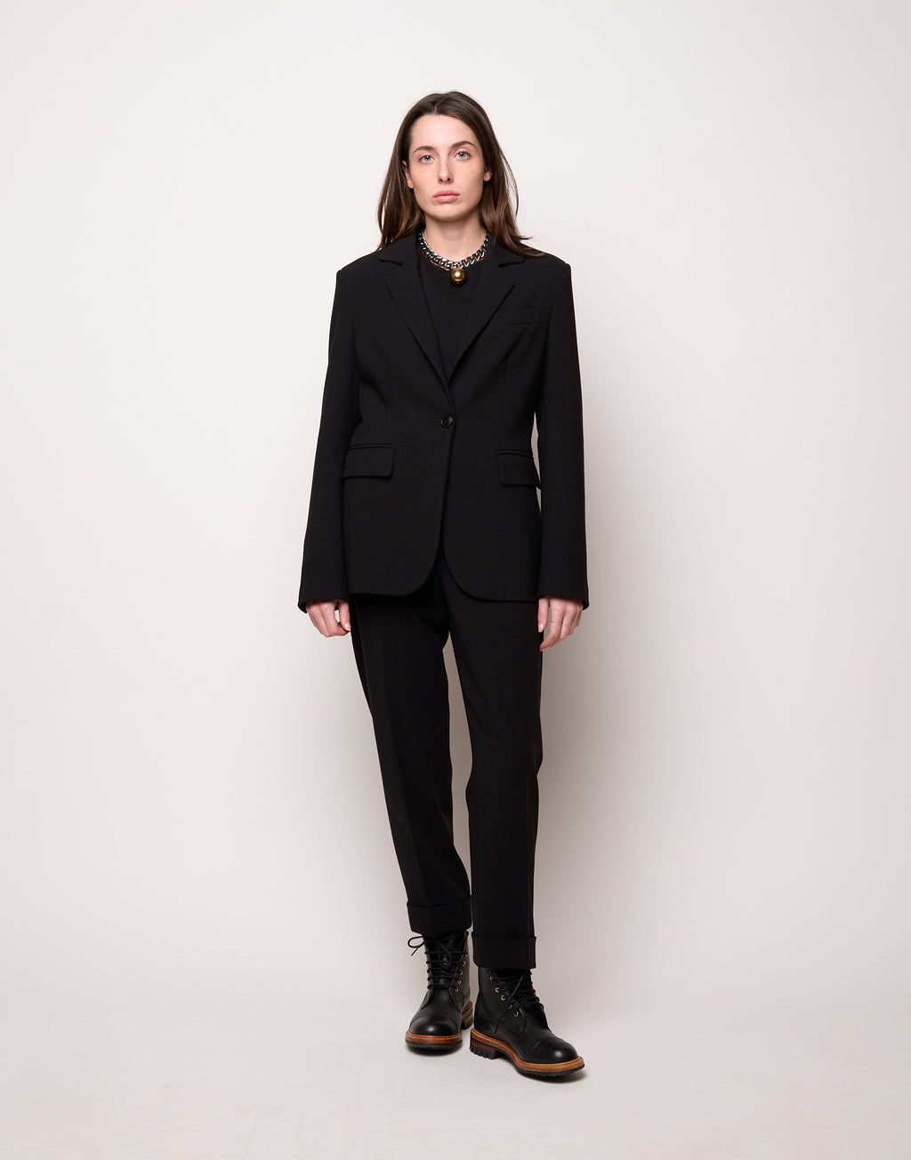 DOUUOD Pantalone a Sigaretta con Risvolto in Doppio Crepe Stretch Nero