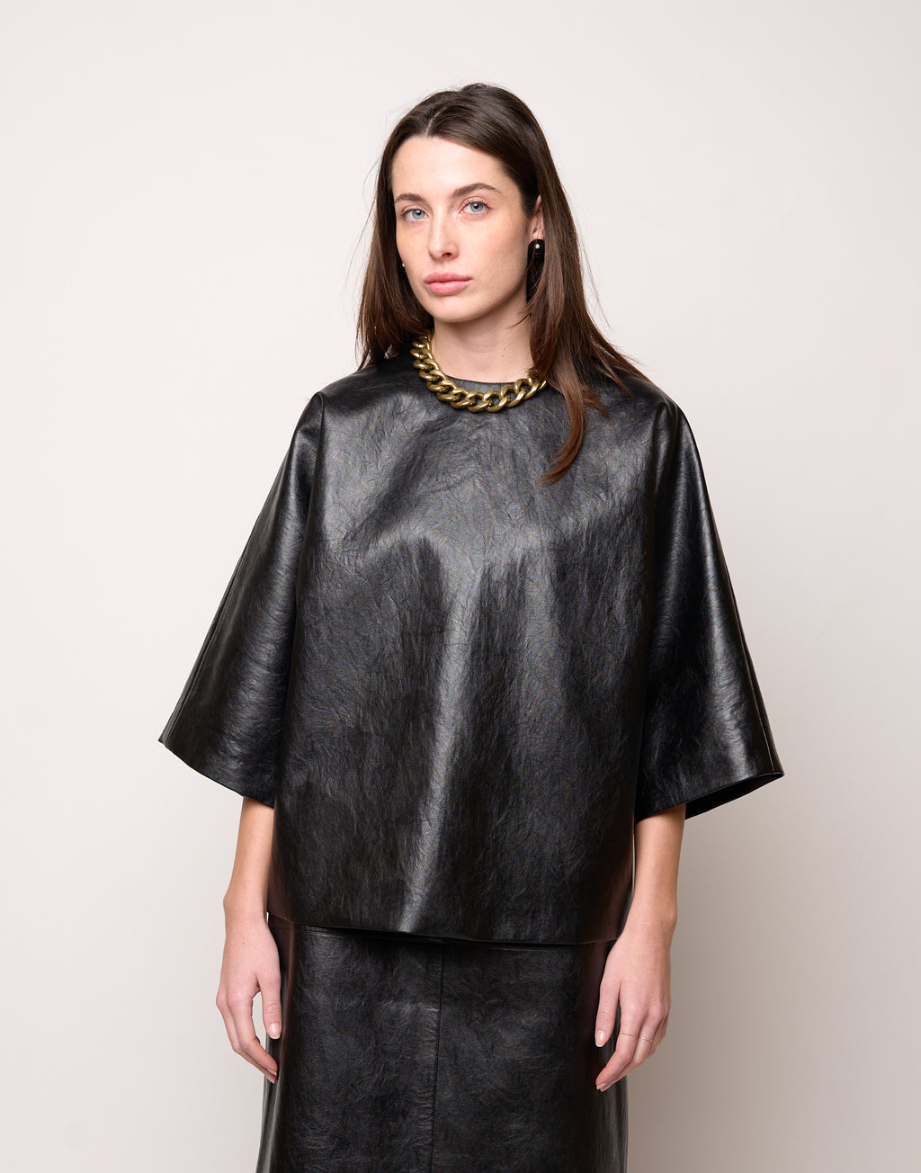 DOUUOD Blusa Kimono in Ecopelle Old Nero