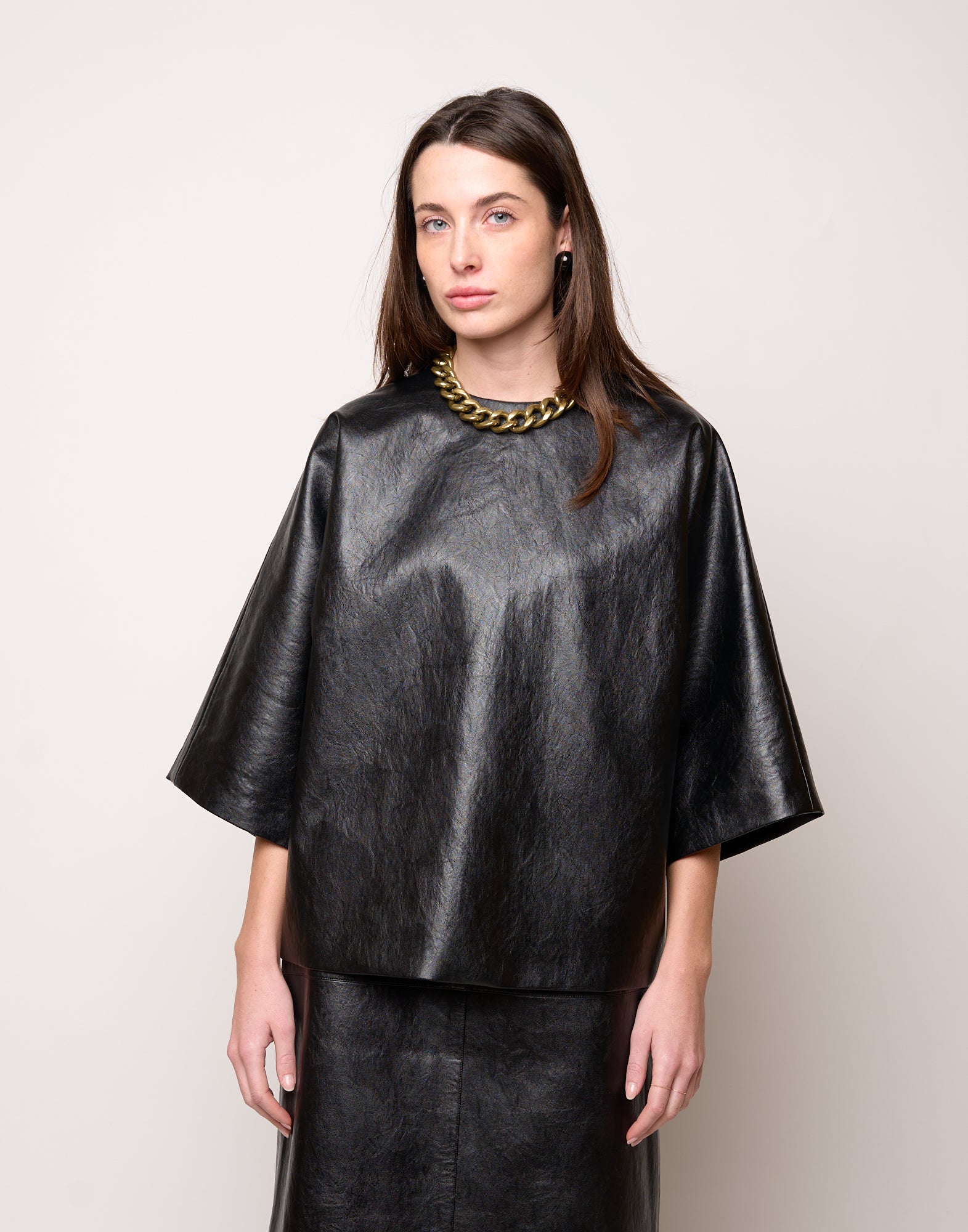 DOUUOD Blusa Kimono in Ecopelle Old Nero