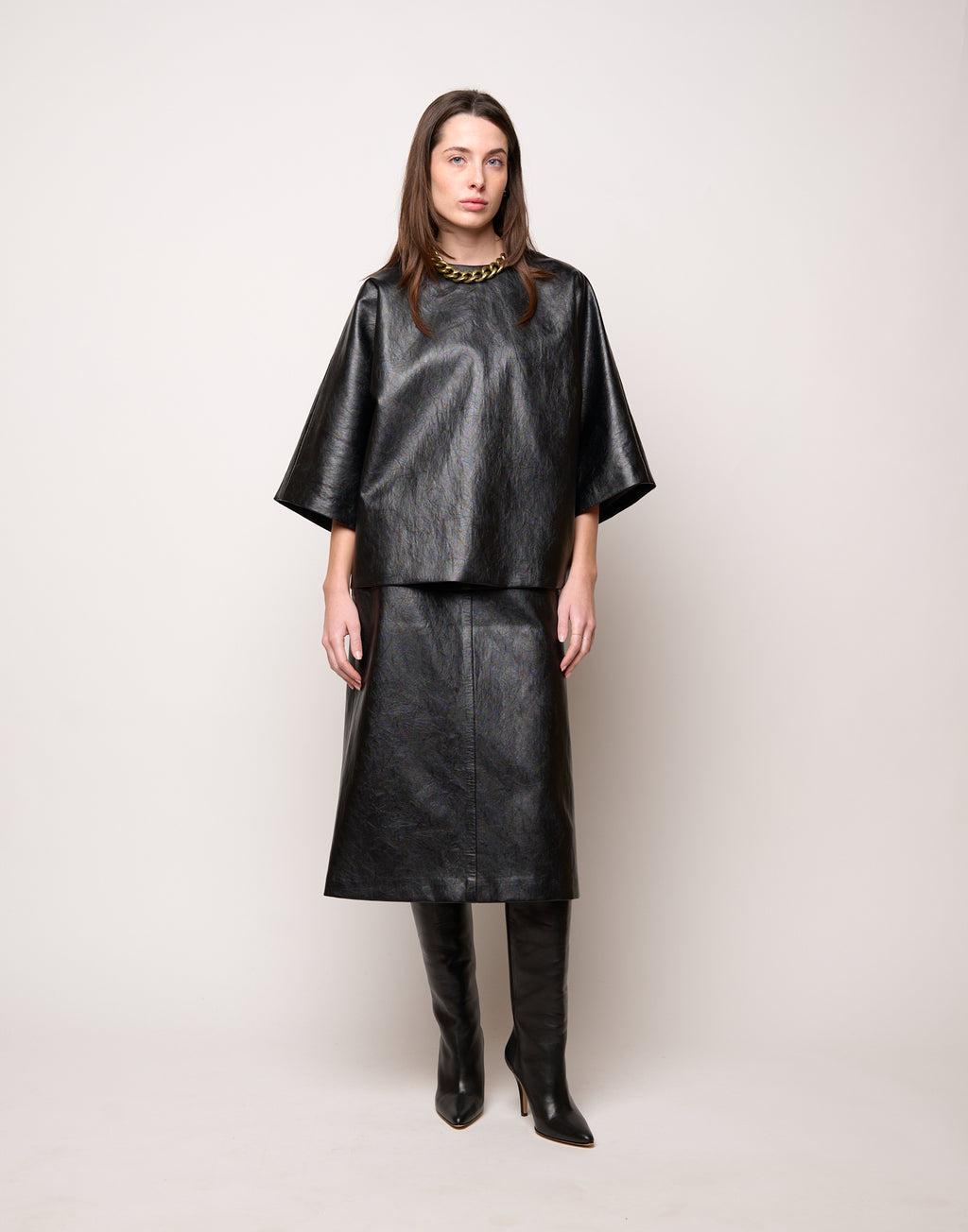 DOUUOD Blusa Kimono in Ecopelle Old Nero