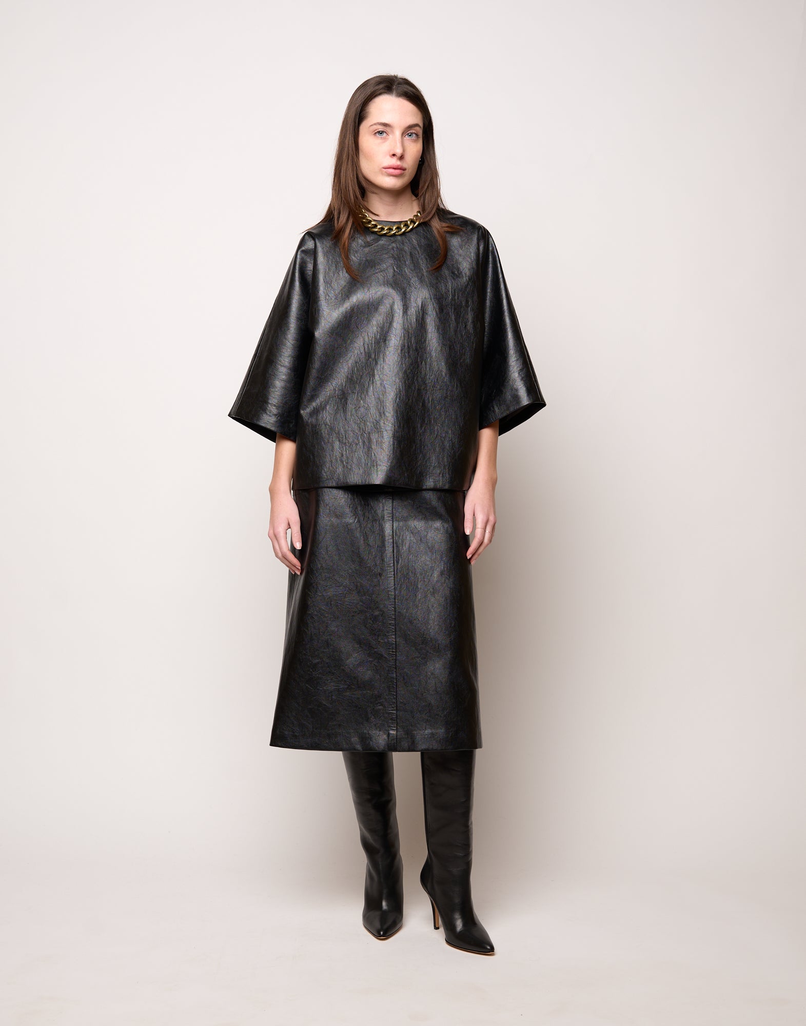 DOUUOD Blusa Kimono in Ecopelle Old Nero