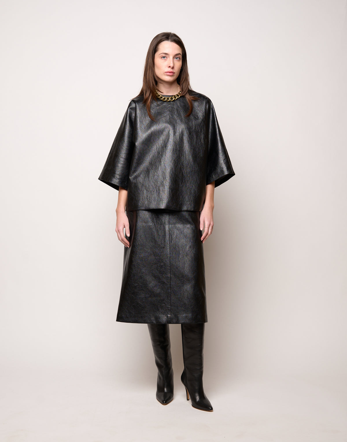 DOUUOD Blusa Kimono in Ecopelle Old Nero