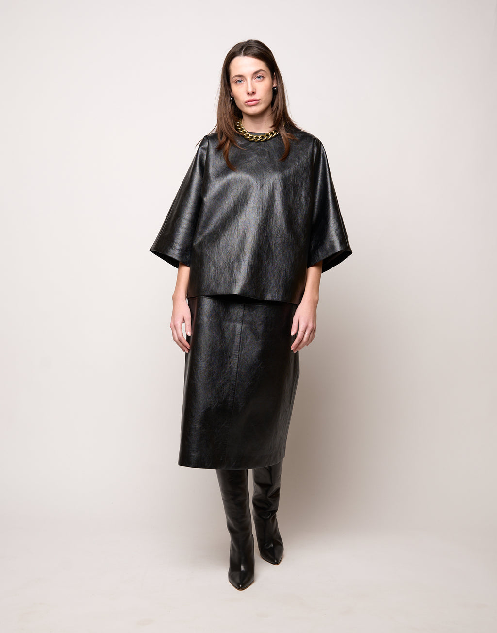 DOUUOD Blusa Kimono in Ecopelle Old Nero