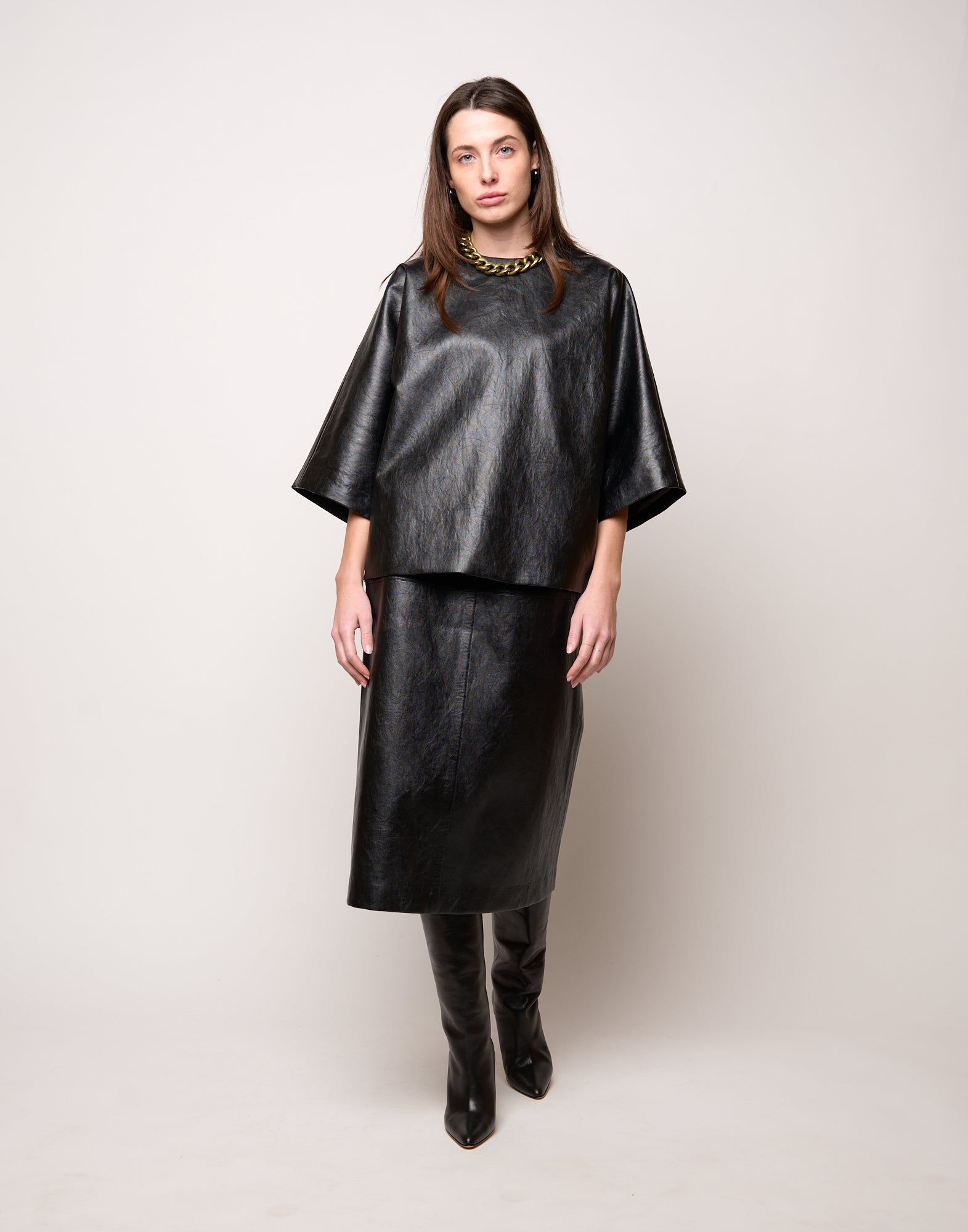 DOUUOD Blusa Kimono in Ecopelle Old Nero