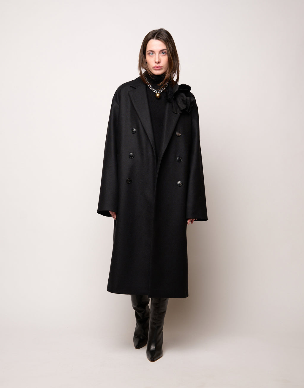 DOUUOD Cappotto Genderless Doppiopetto con Tasche a Filettone Nero